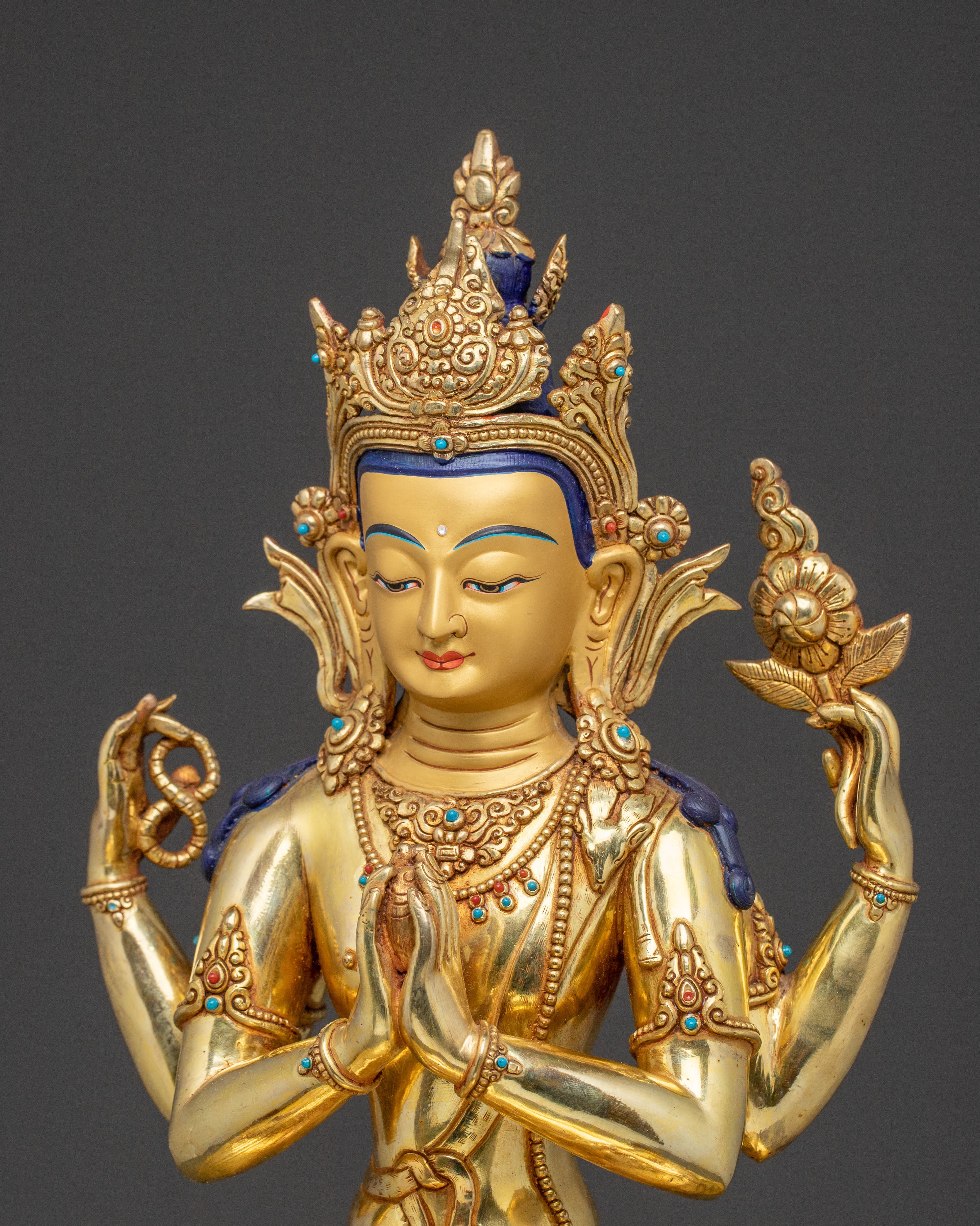 Sacred Statue of Chenrezig on Throne - Handcrafted Sacred Figure