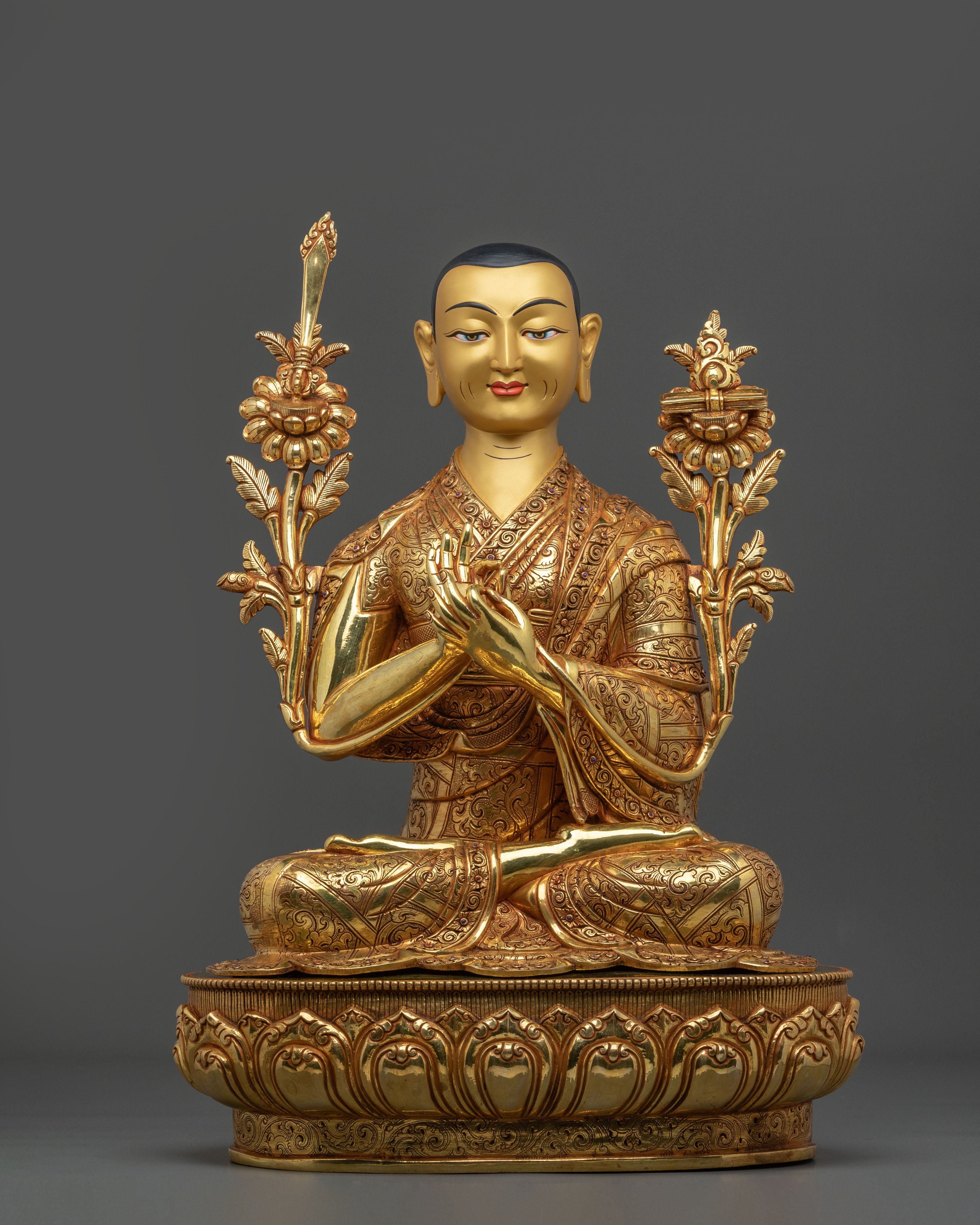Tsongkhapa with Two Disciples Altar Sculpture | 24K Gold Glided