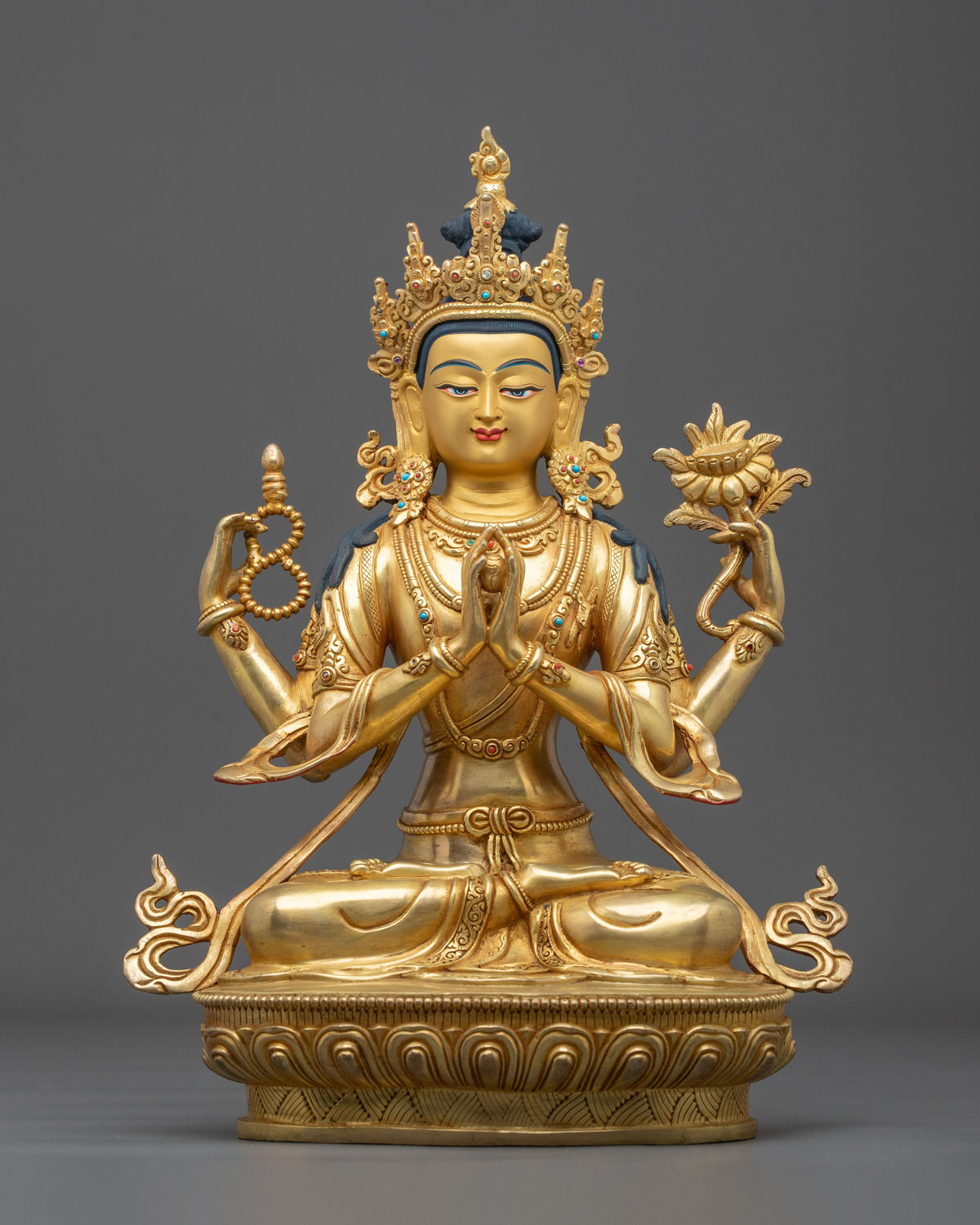 Handmade Chenrezig Copper Sculpture | 24K Gold Glided