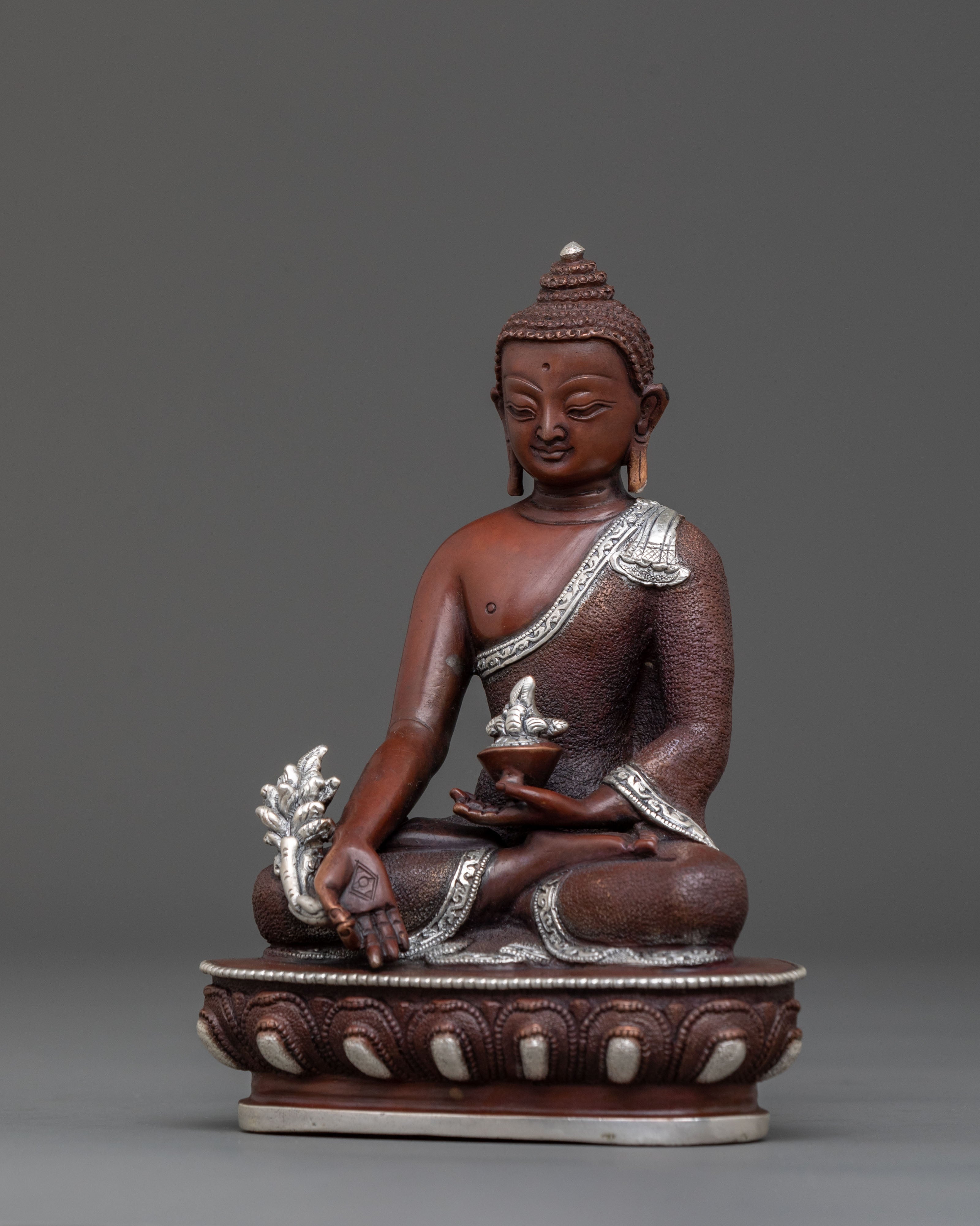 Healing Deity Medicine Buddha Statue in Silver and Oxidized Copper
