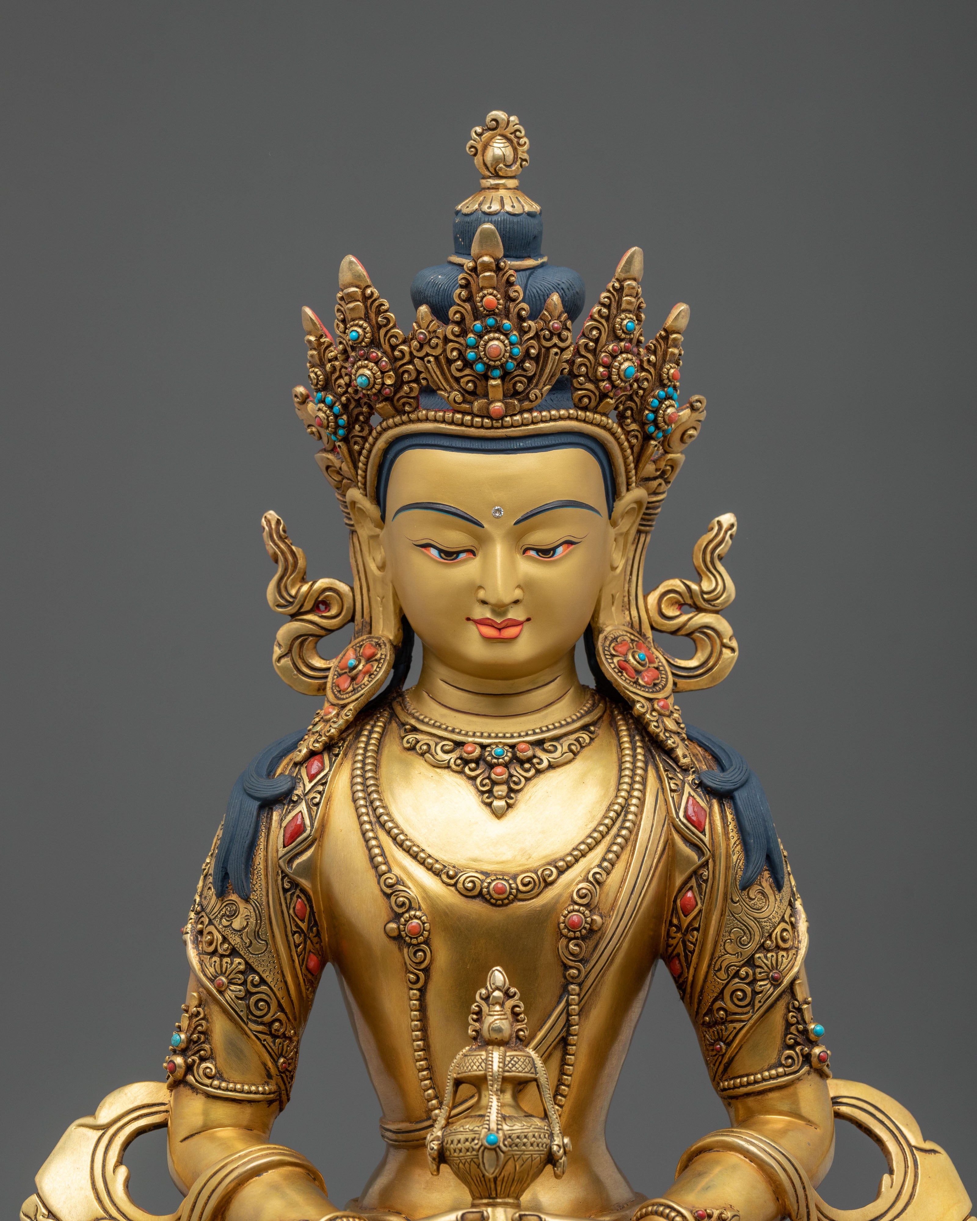 24K Gold Gilded Copper Amitayus Statue with Gemstones | Buddha of Infinite Life