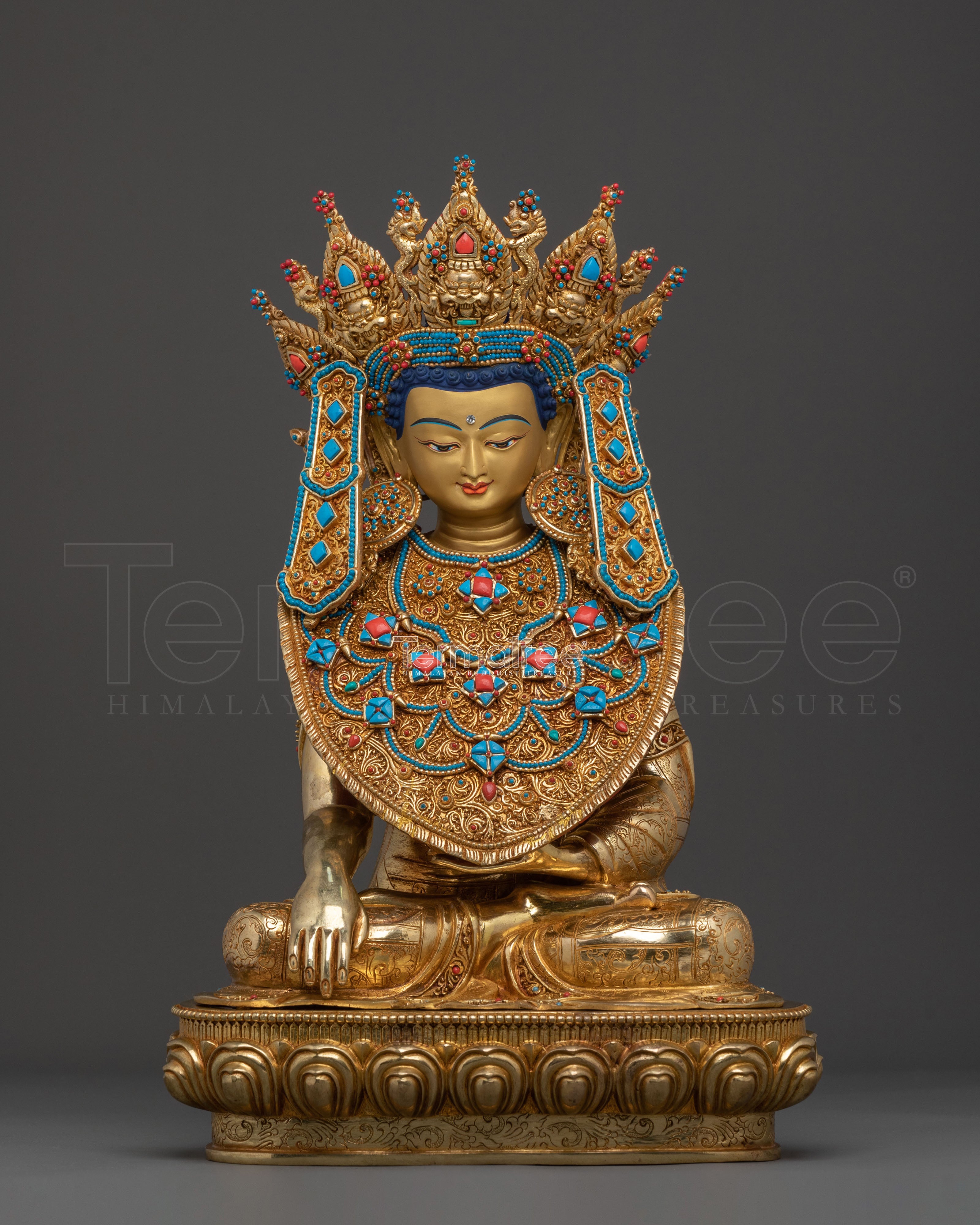 Crown Shakyamuni Buddha Magnificient Statue in Gilded Gold