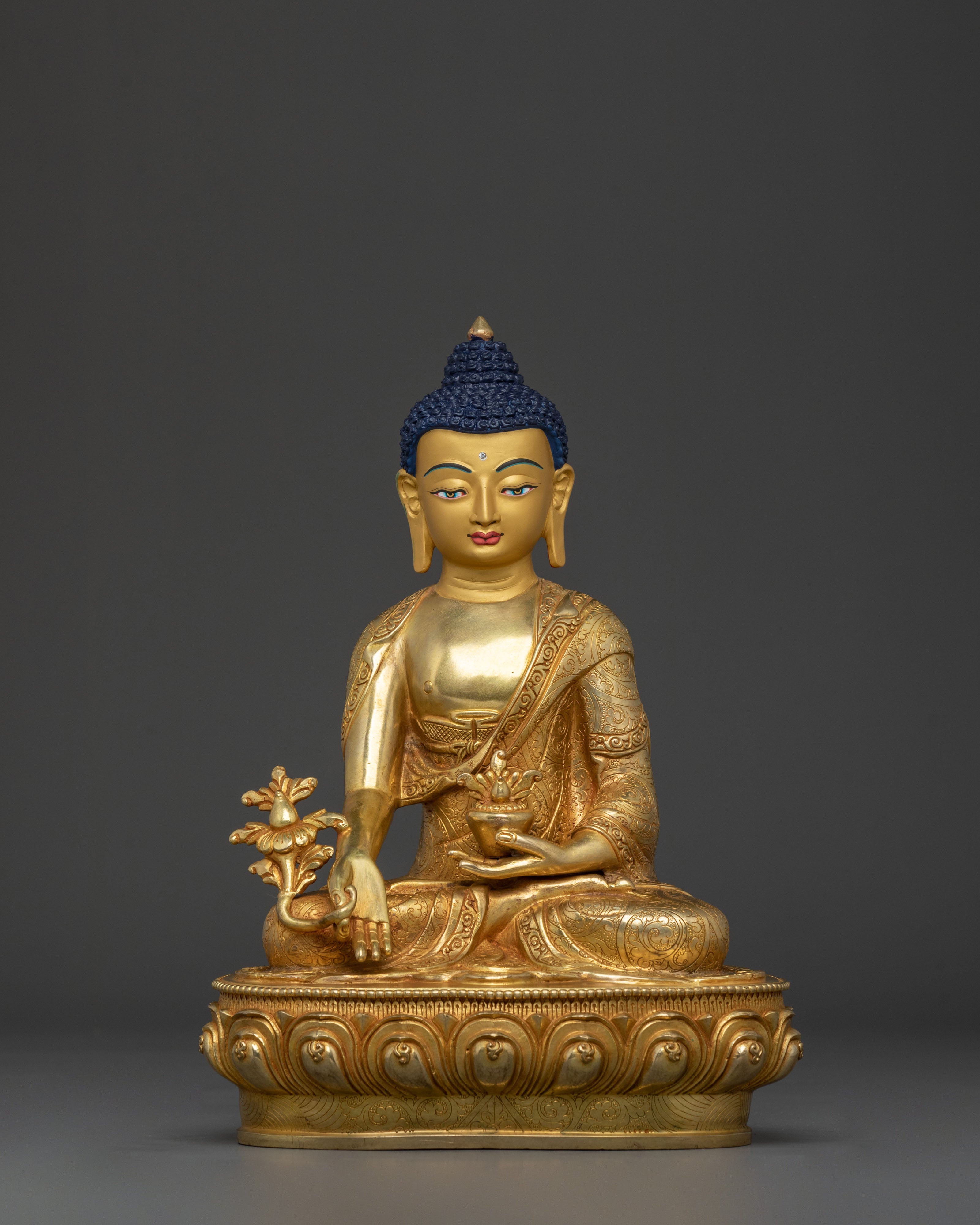 Medicine Buddha Peaceful Healing Figurine | 24K Gold Gilded Buddhist Sculpture