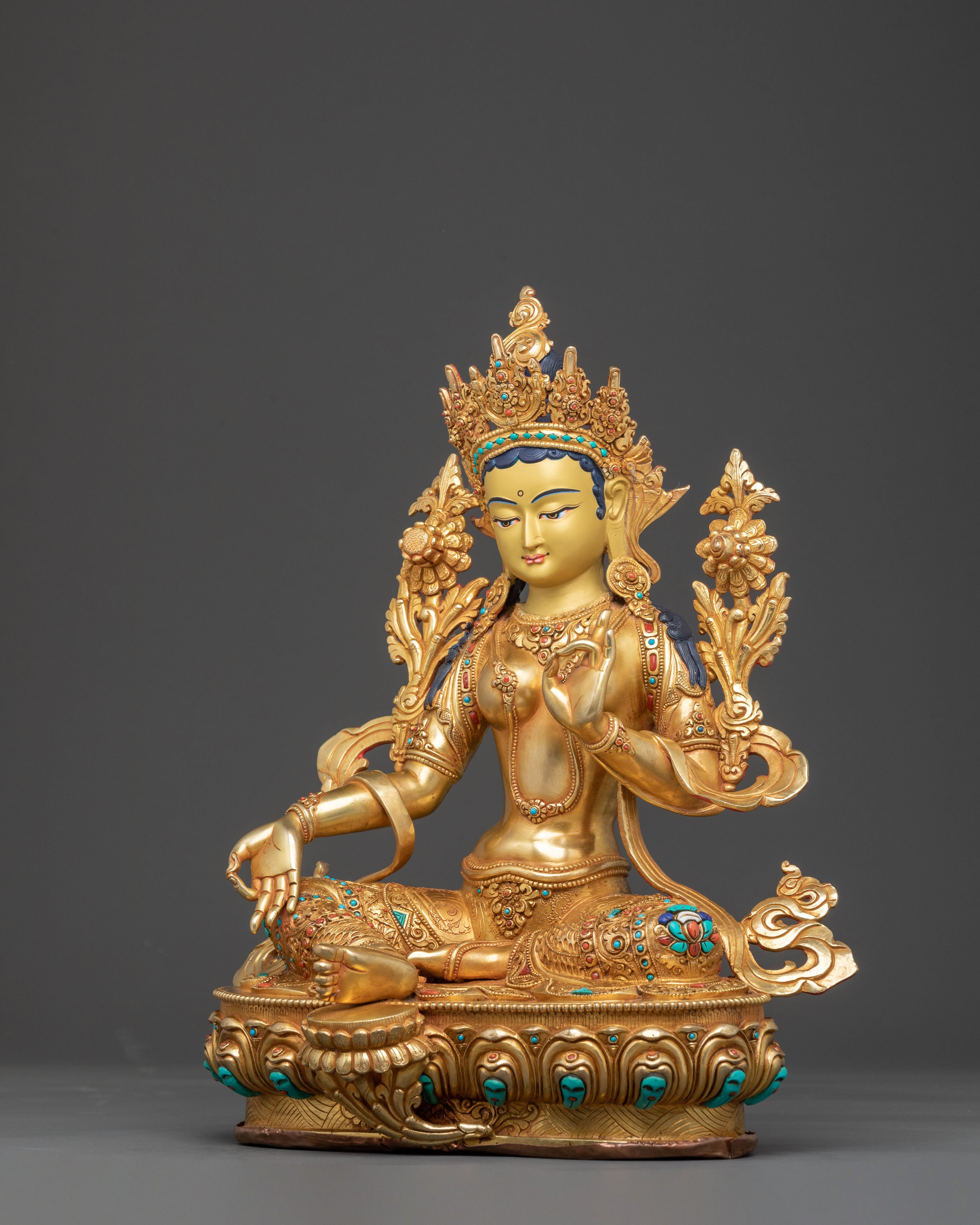 Green Tara Healing Statue: 24K Gold Gilded