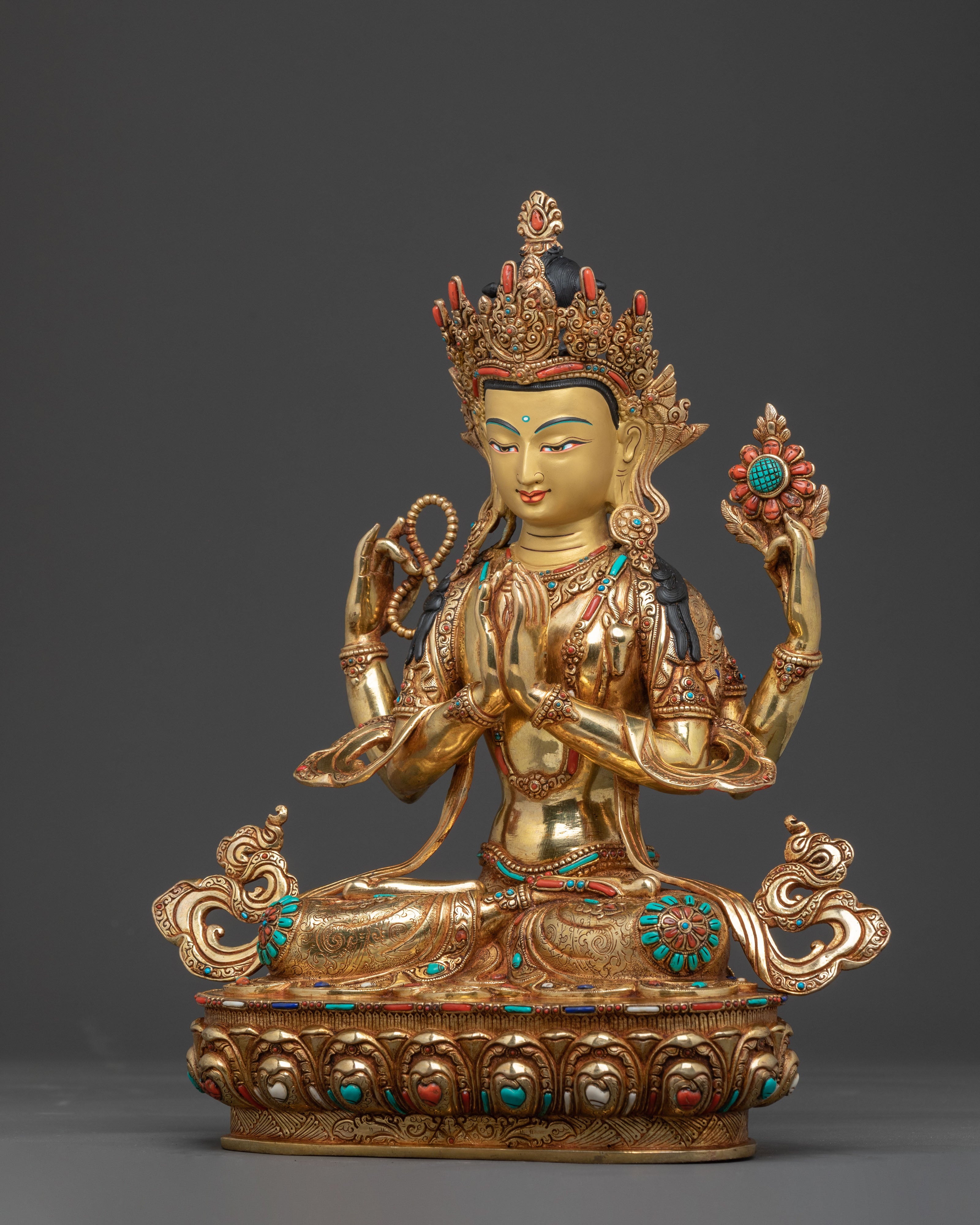 Chenrezig Gold Gilded Copper Statue