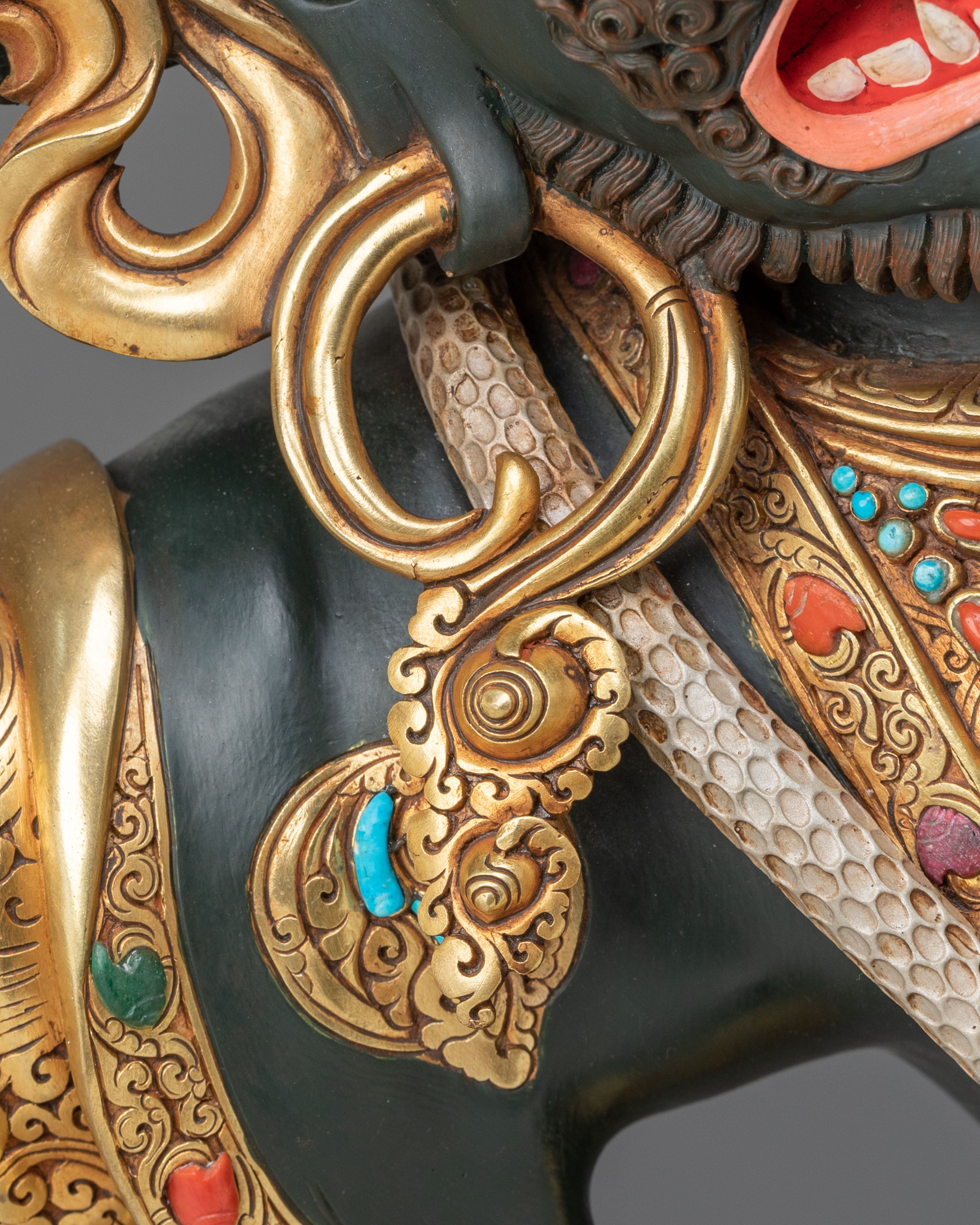 Mahakala Bernakchen Sacred Tibetan Sculpture | Gemstone-Adorned Copper Statue