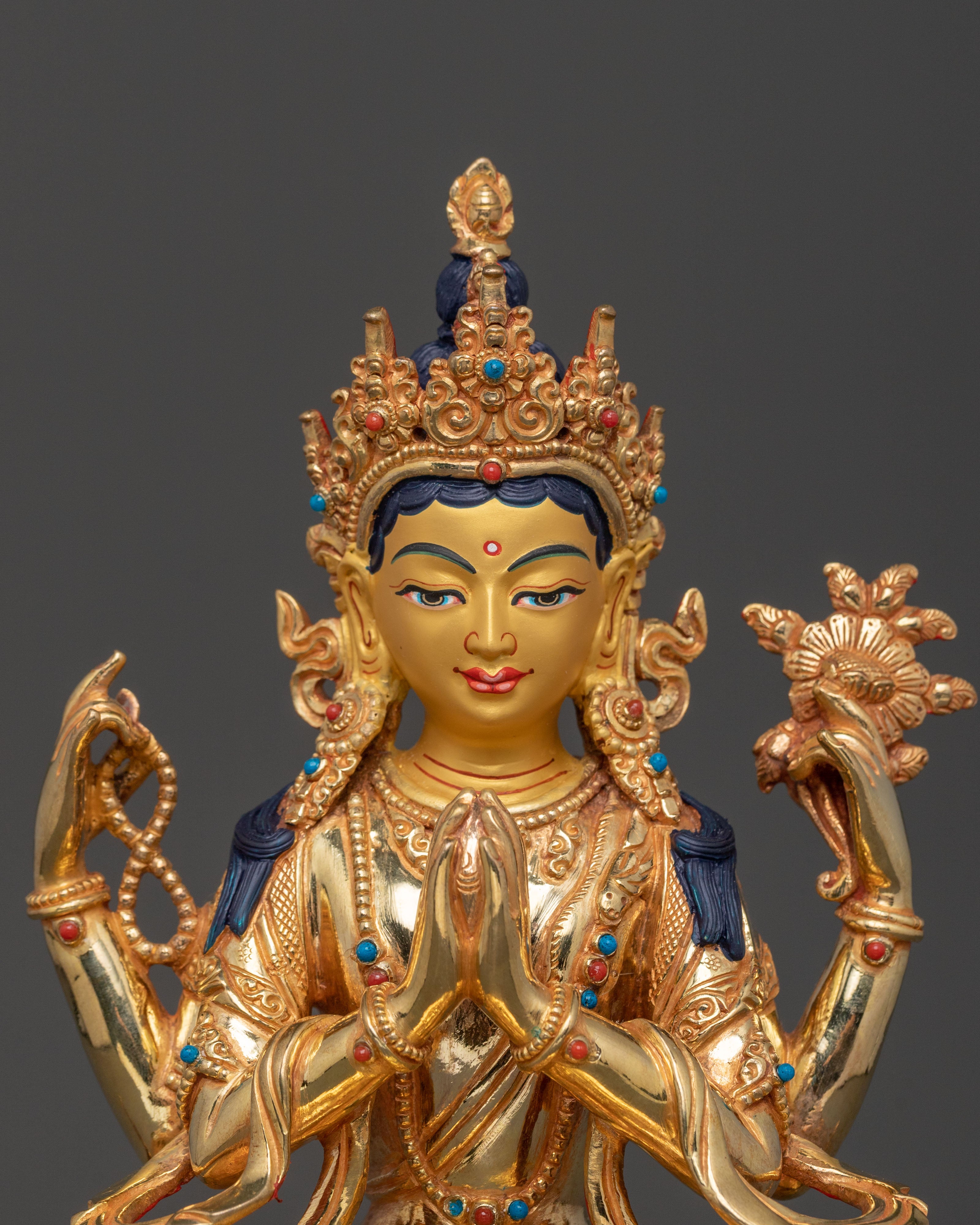 Four Armed Chenrezig Sacred Statue in Shimmering 24K Gold
