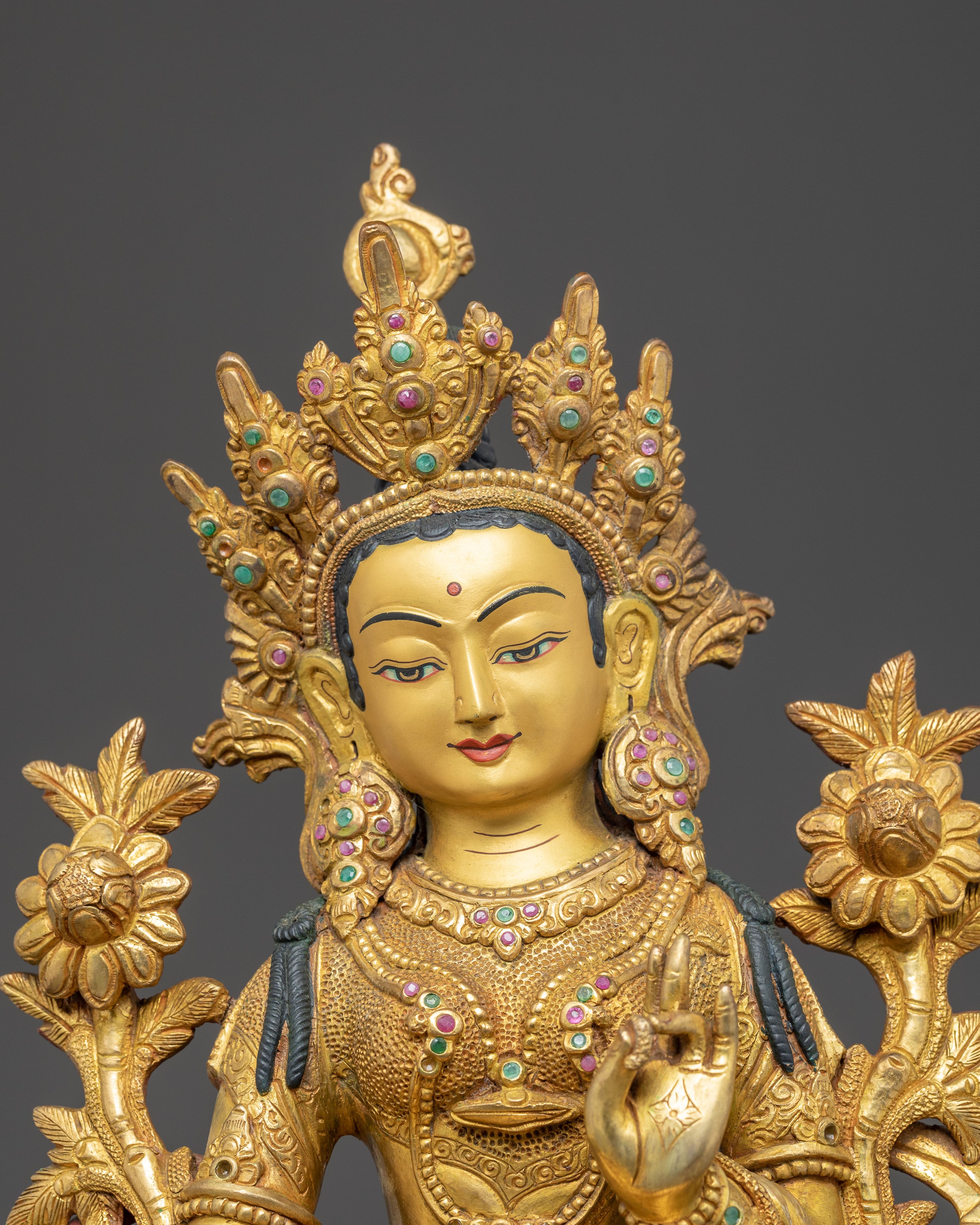 Handmade Green Tara Copper Body Statue | Spiritual Decor