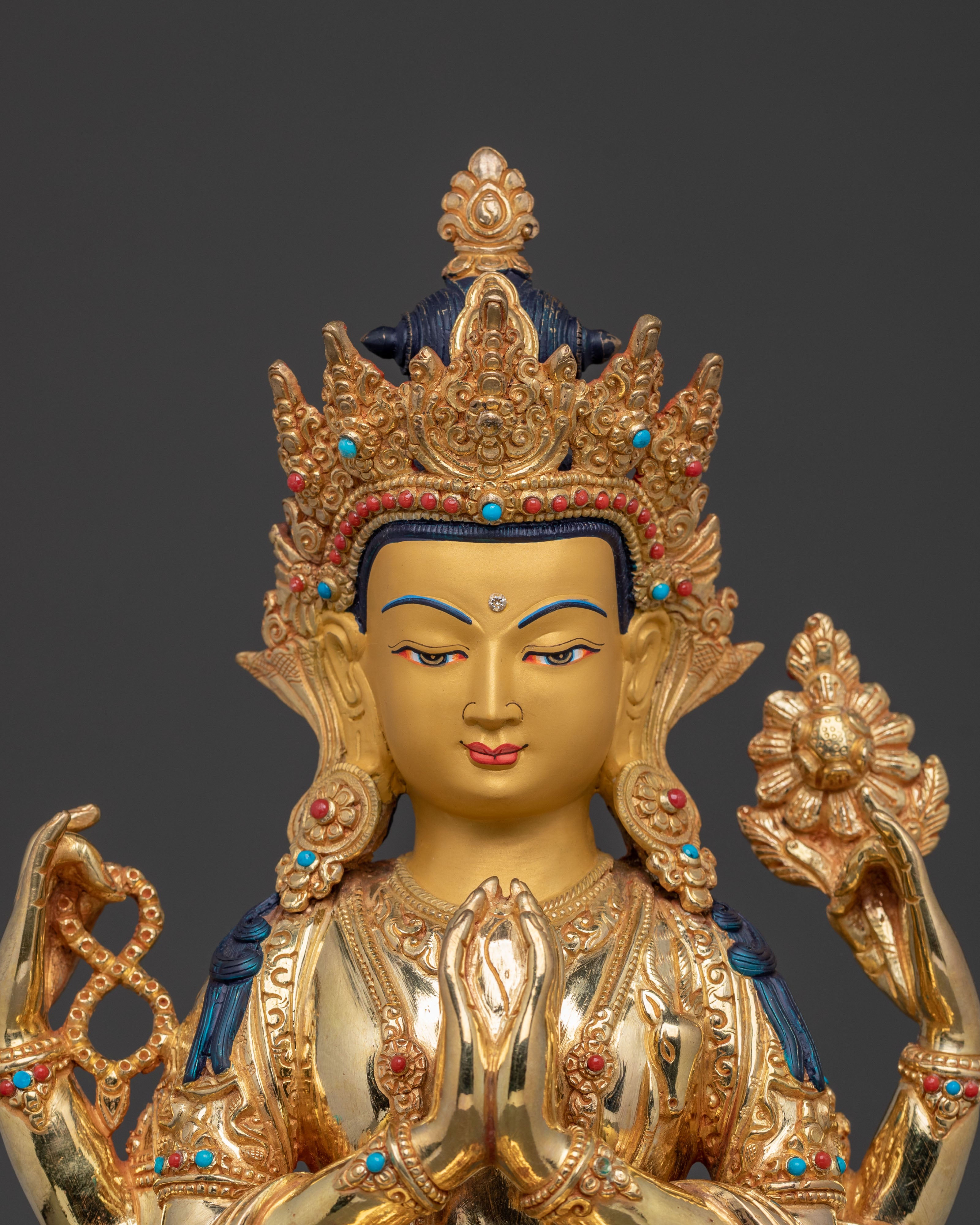 Chenrezig Statue: 24K Gold Gilded Figurine
