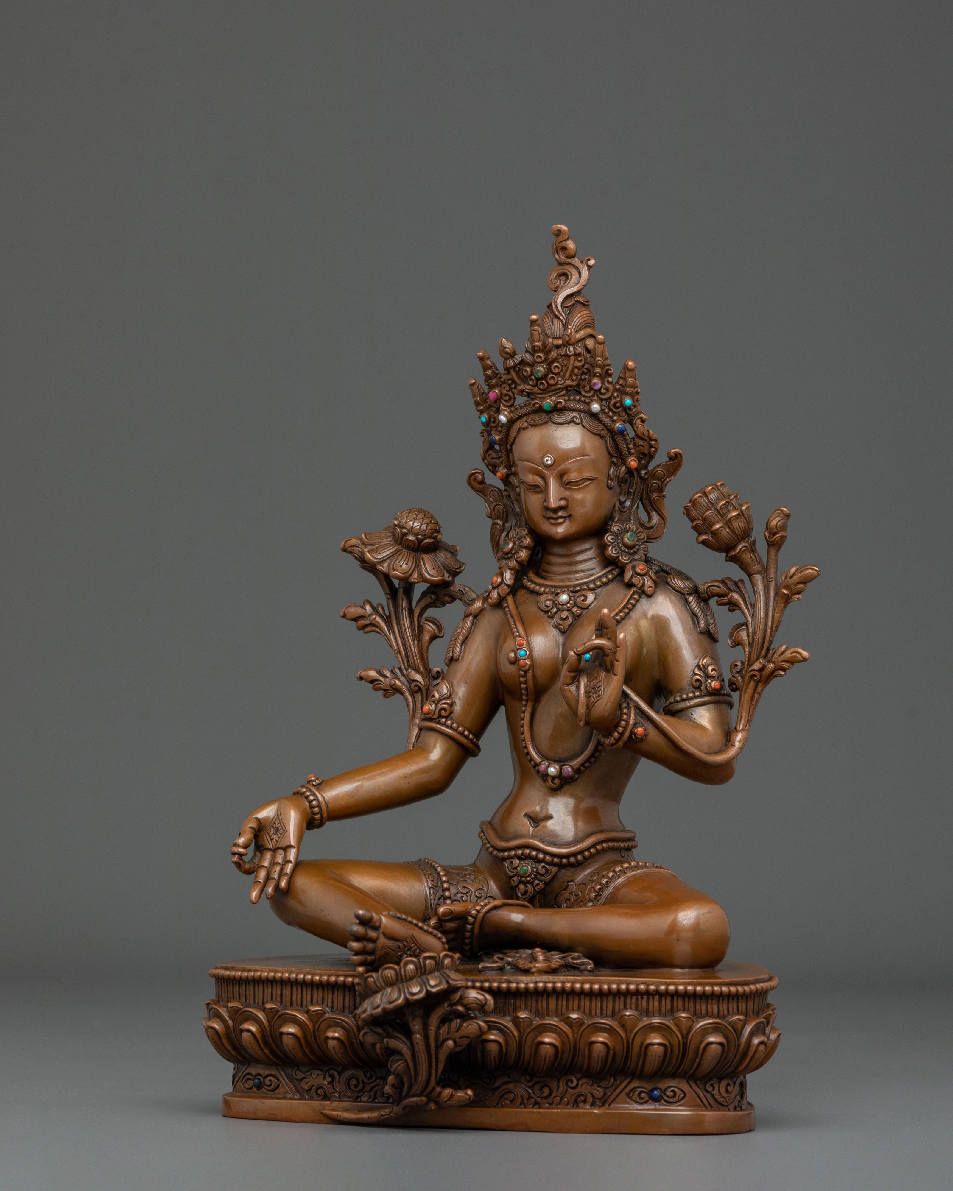 Green Tara Sculpture of Sacred Protection: Oxidized Copper Art