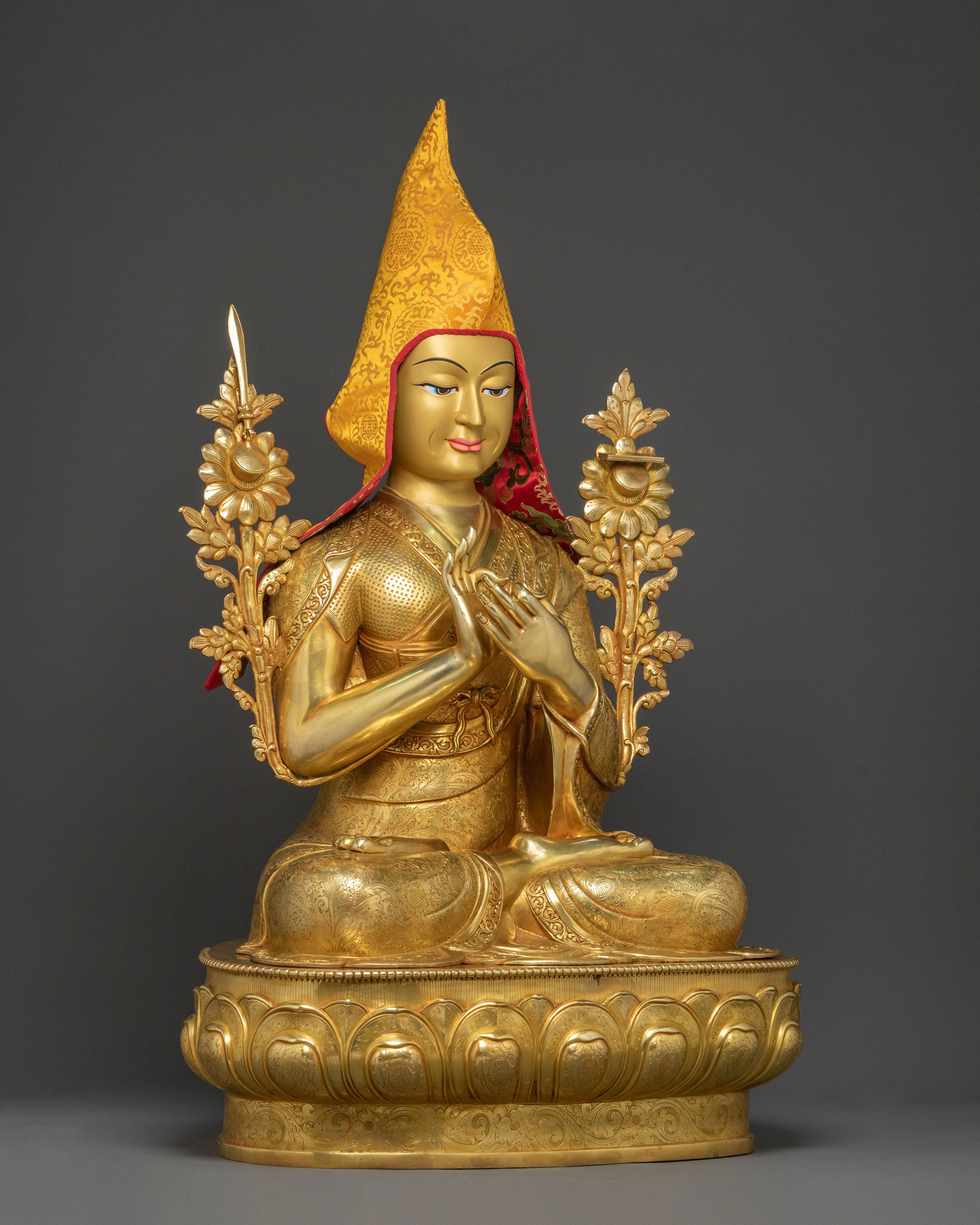 Handmade Tsongkhapa with Disciples Statue Set: Traditional Himalayan Artwork
