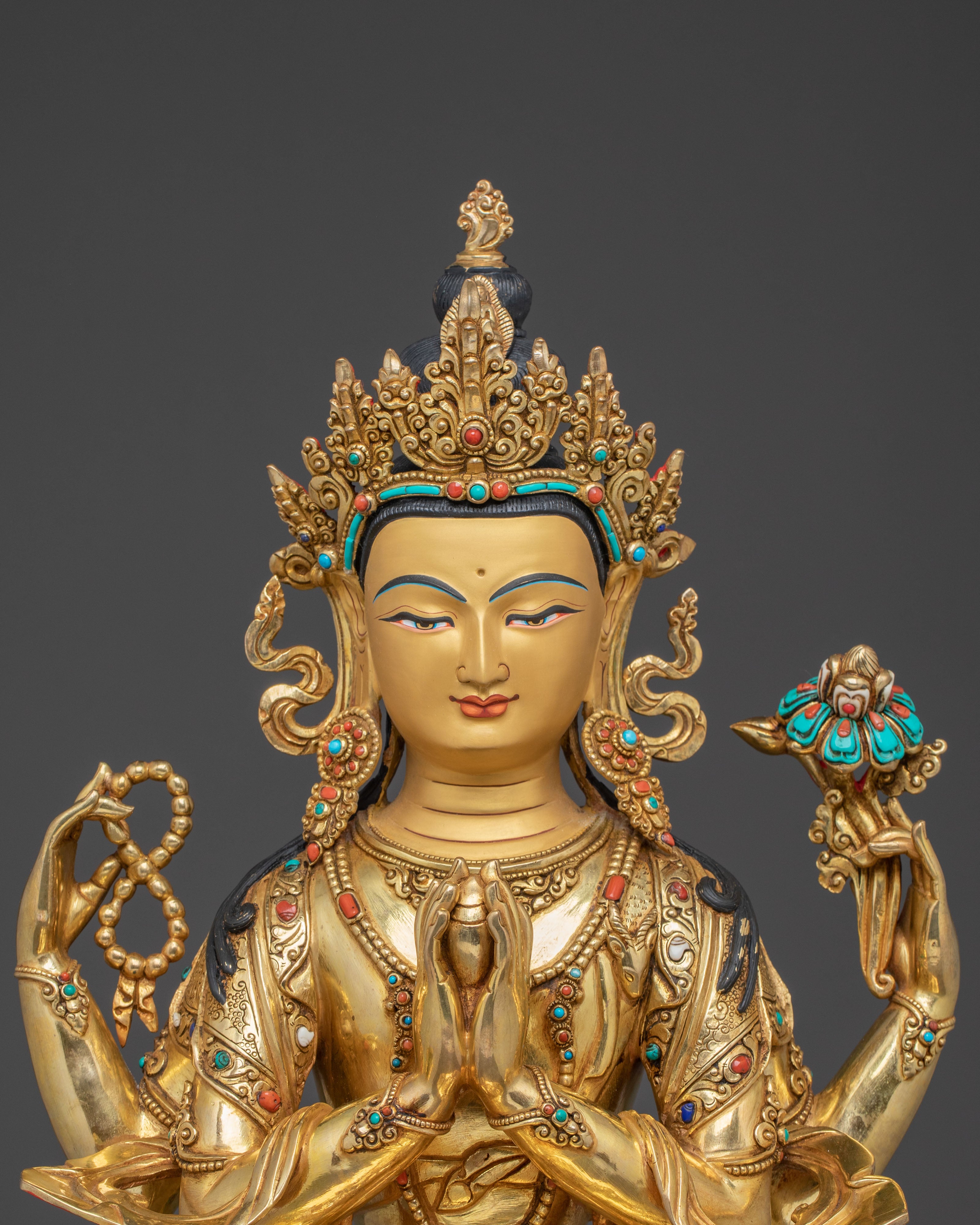 Buddhist Mercy Chenrezig Sculpture – Radiant 24K Gold Gilded Artistry