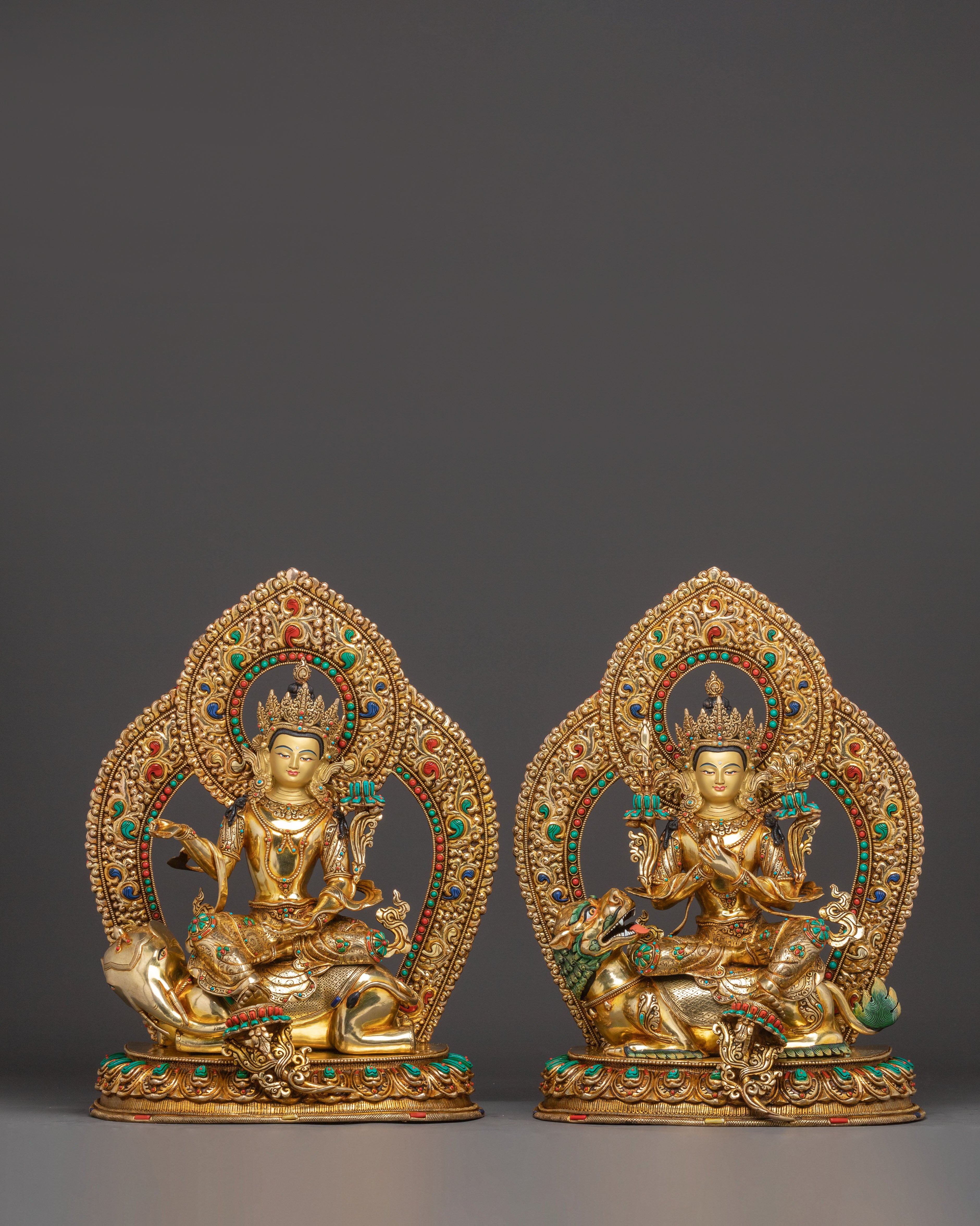 Golden Samantabhadra & Simhanada Manjushri Statue Set
