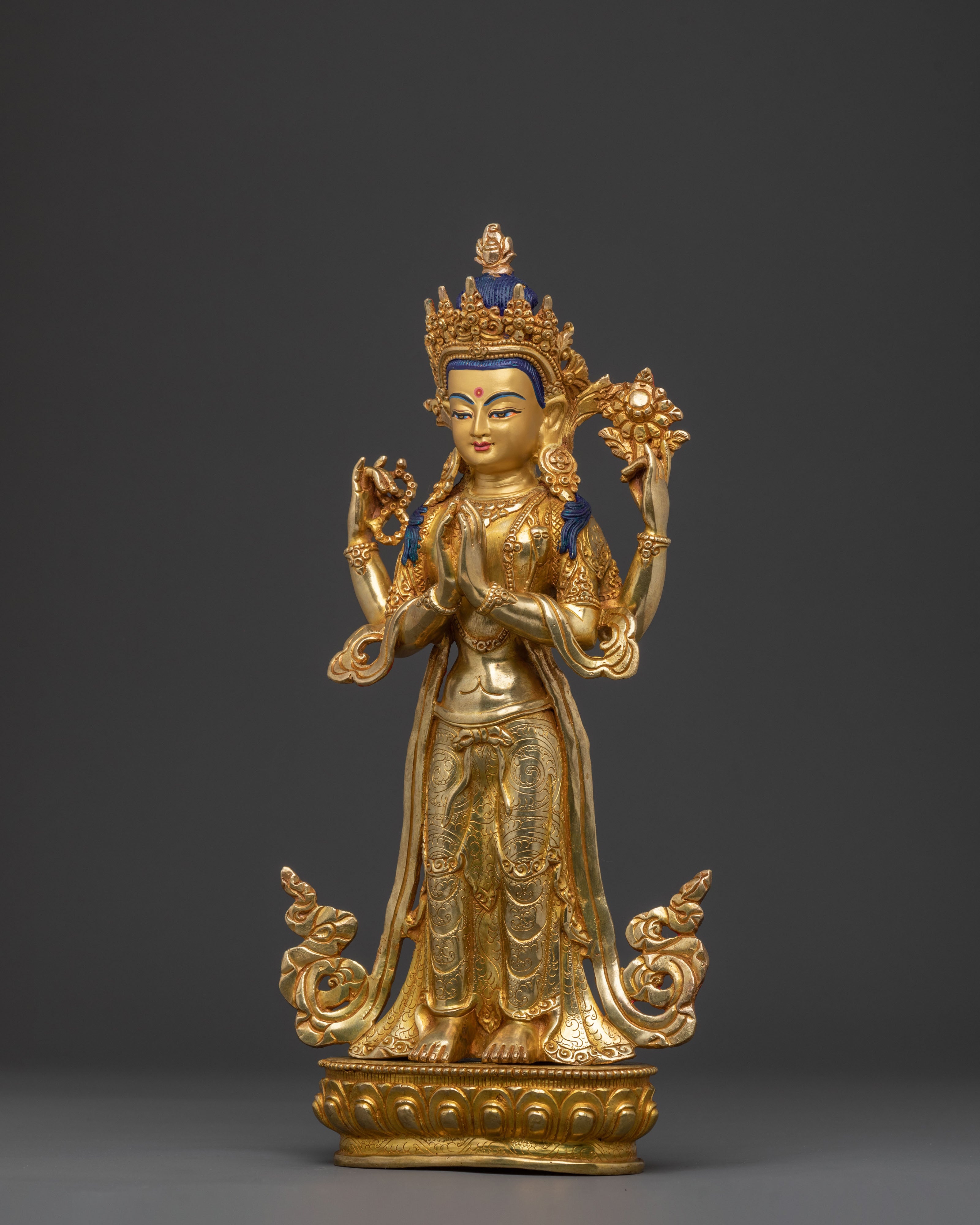 Golden Standing Chenrezig Statue – Handcrafted Serenity
