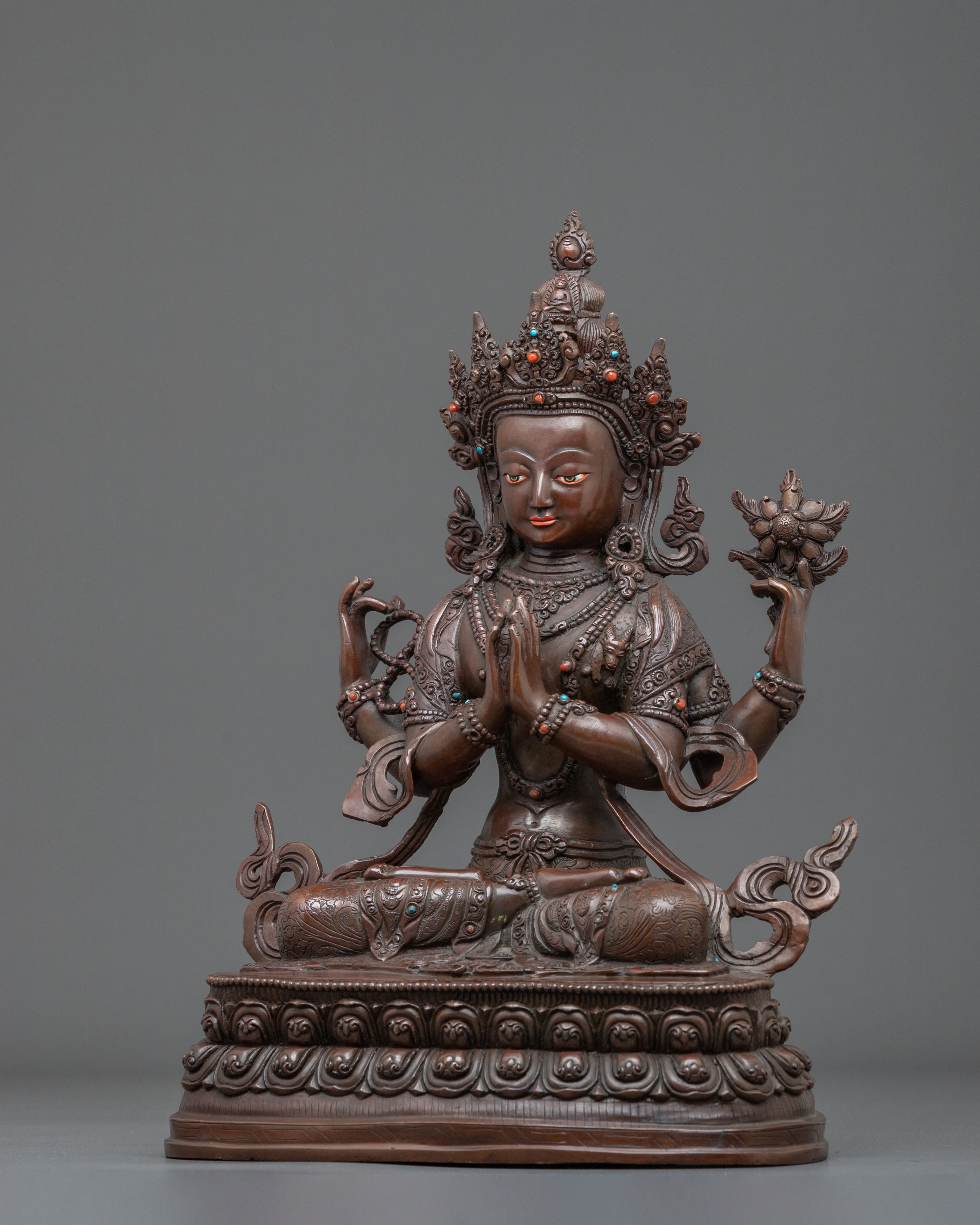 Chenrezig Oxidized Copper Statue Adorned with Gemstones