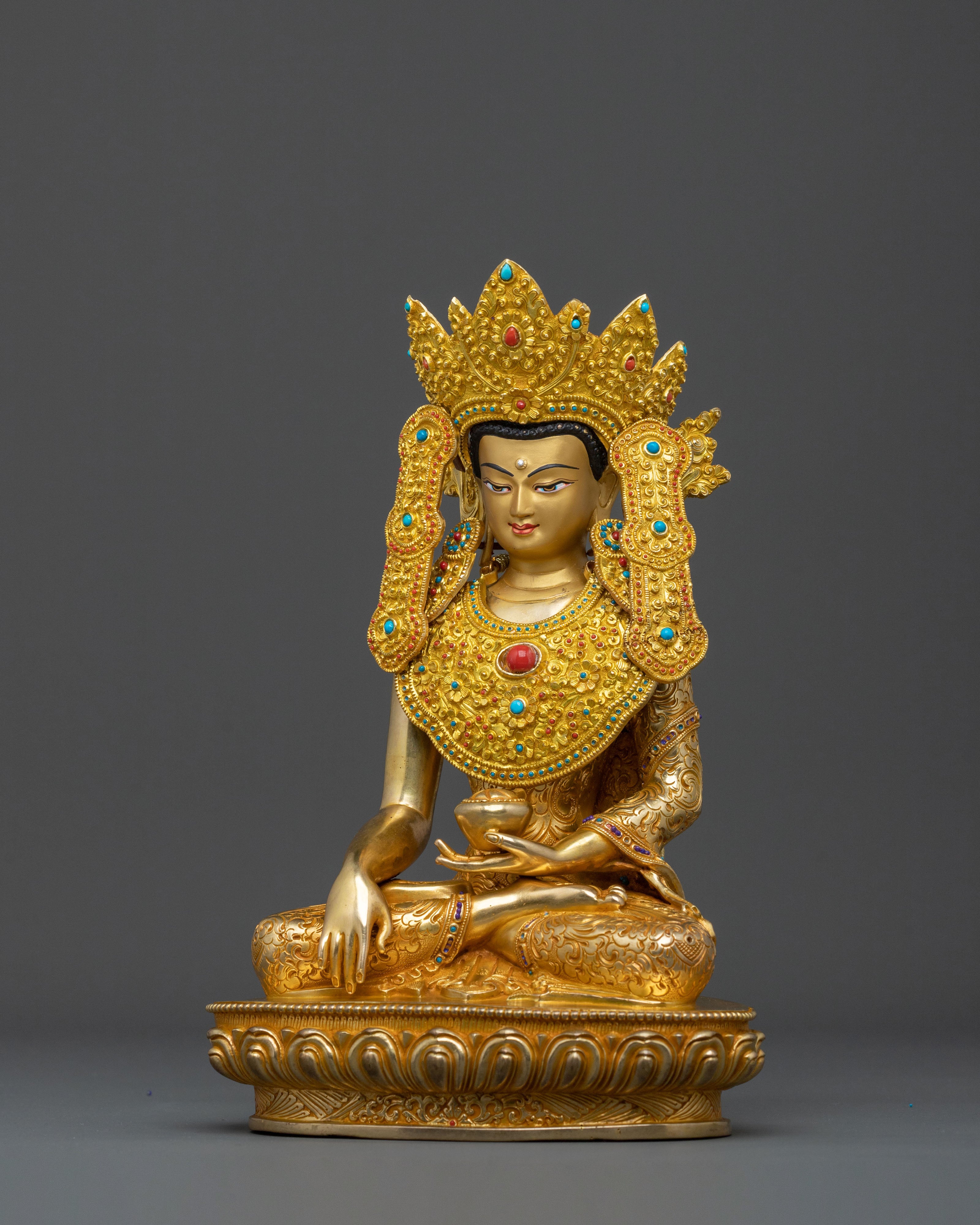Handcrafted Crown Shakyamuni Buddha Spiritual Sculpture in 24K Gold