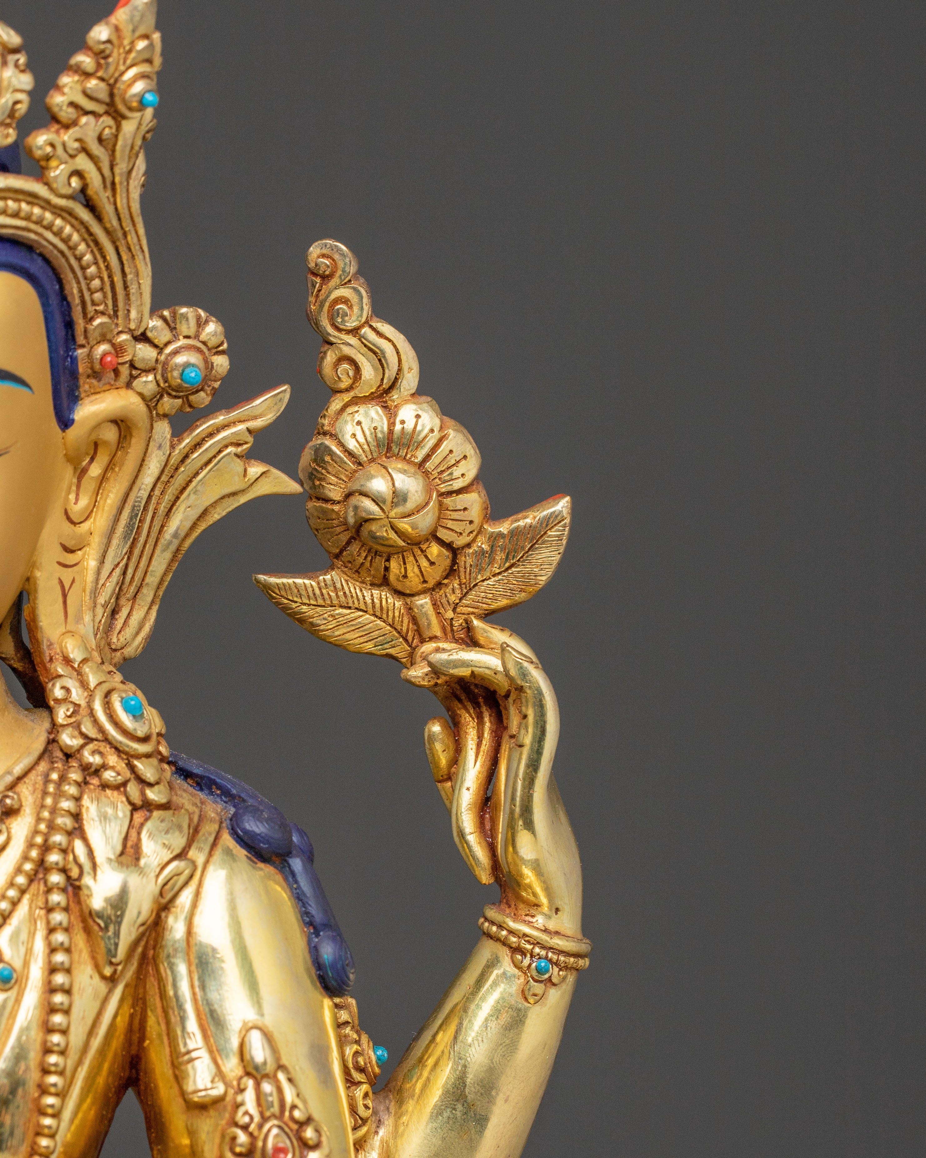 Sacred Statue of Chenrezig on Throne - Handcrafted Sacred Figure