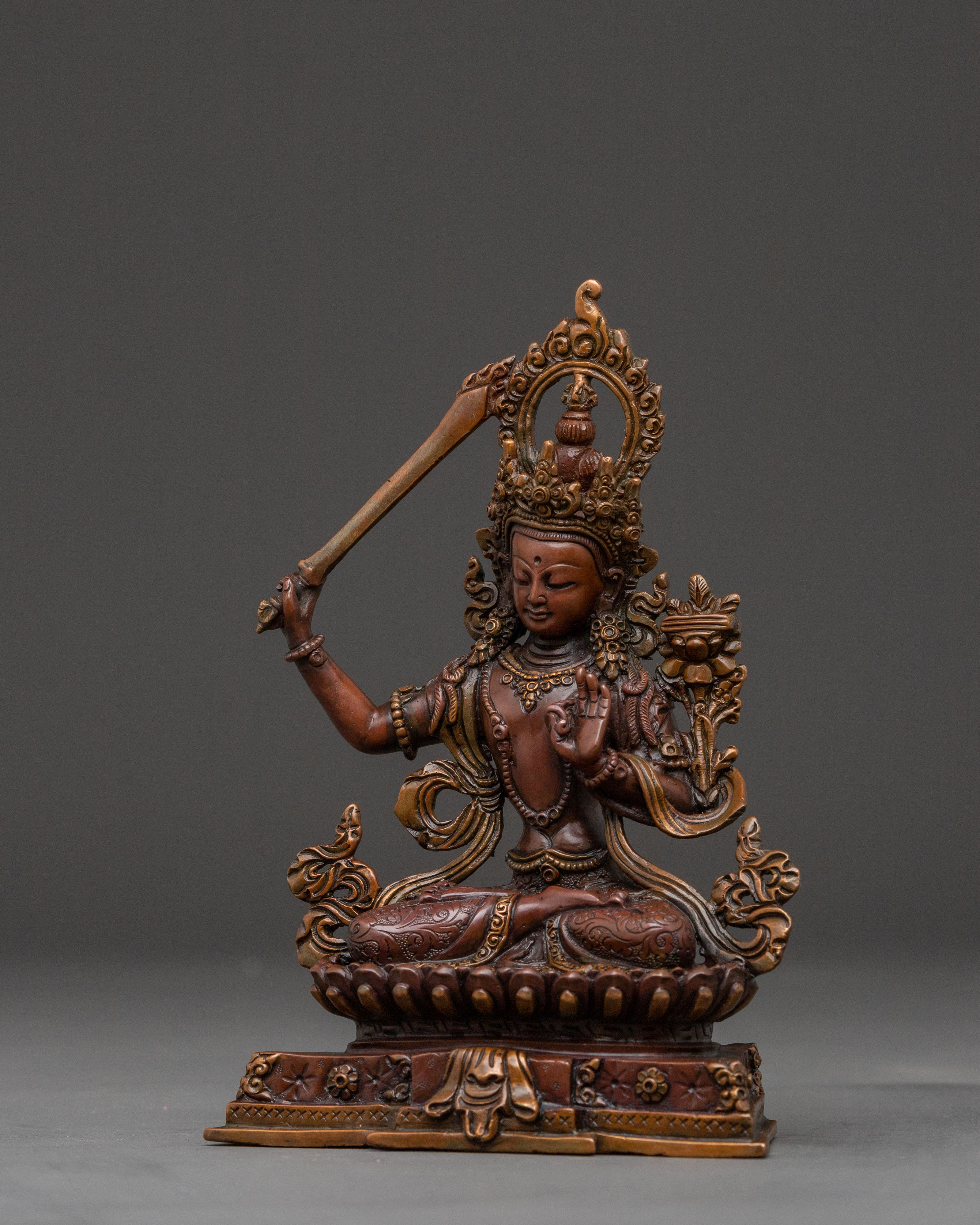 Tibetan Manjushri Handcrafted Statue - Oxidized Copper Statue