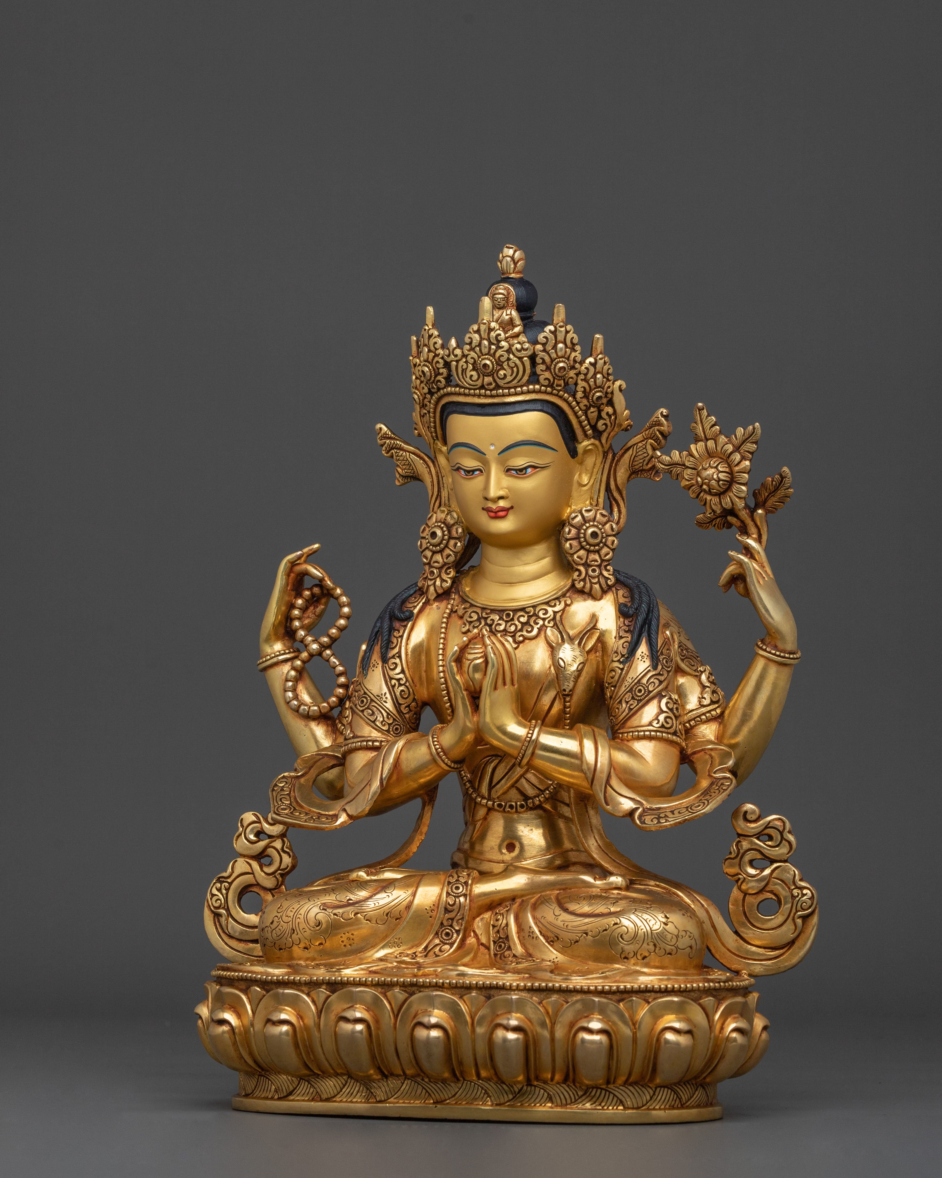 Chenrezig Sculpture | 24K Gold Gilded Compassionate Figurine