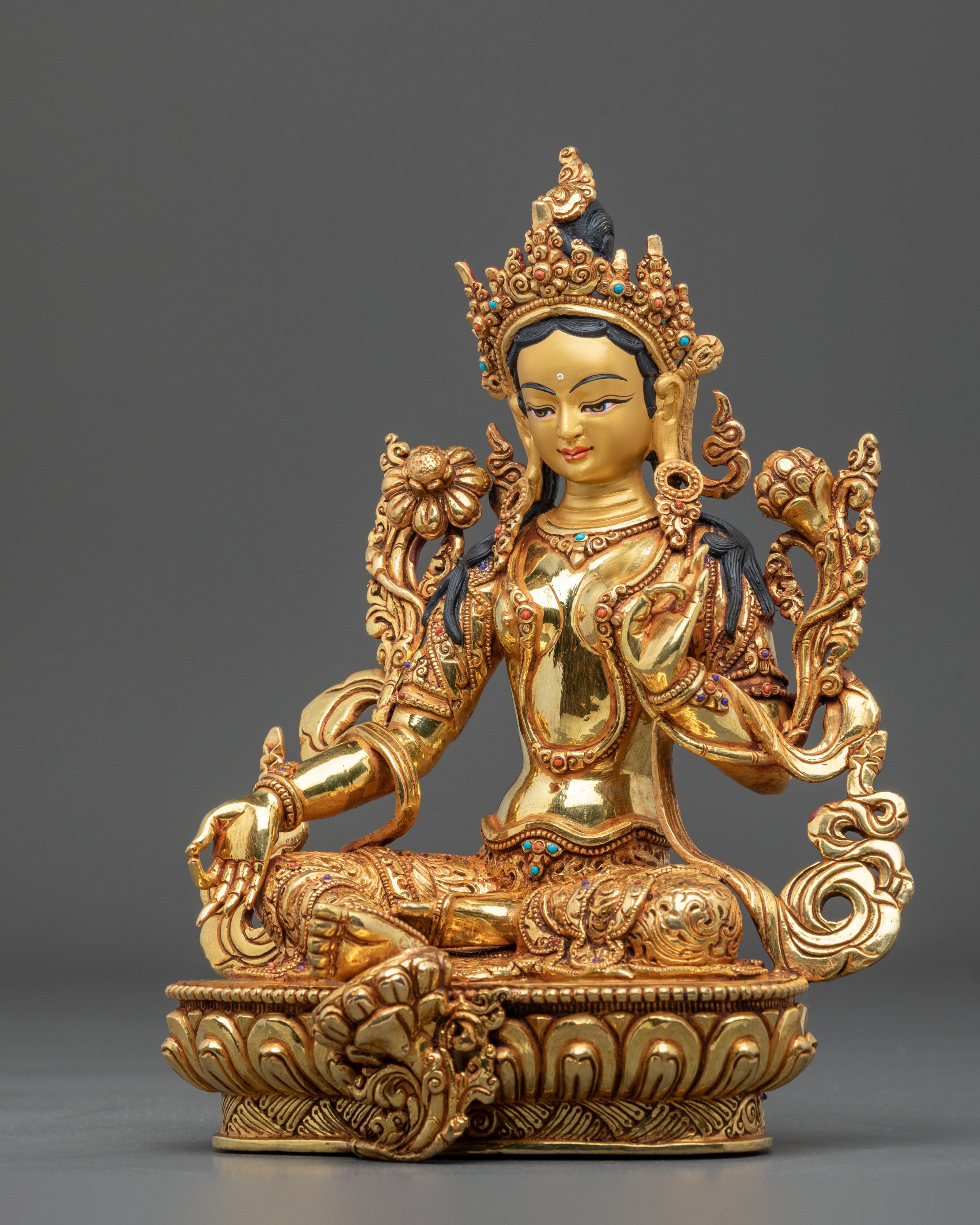 Green Tara 24K Gold Gilded Sculpture | Exquisite Copper Figurine