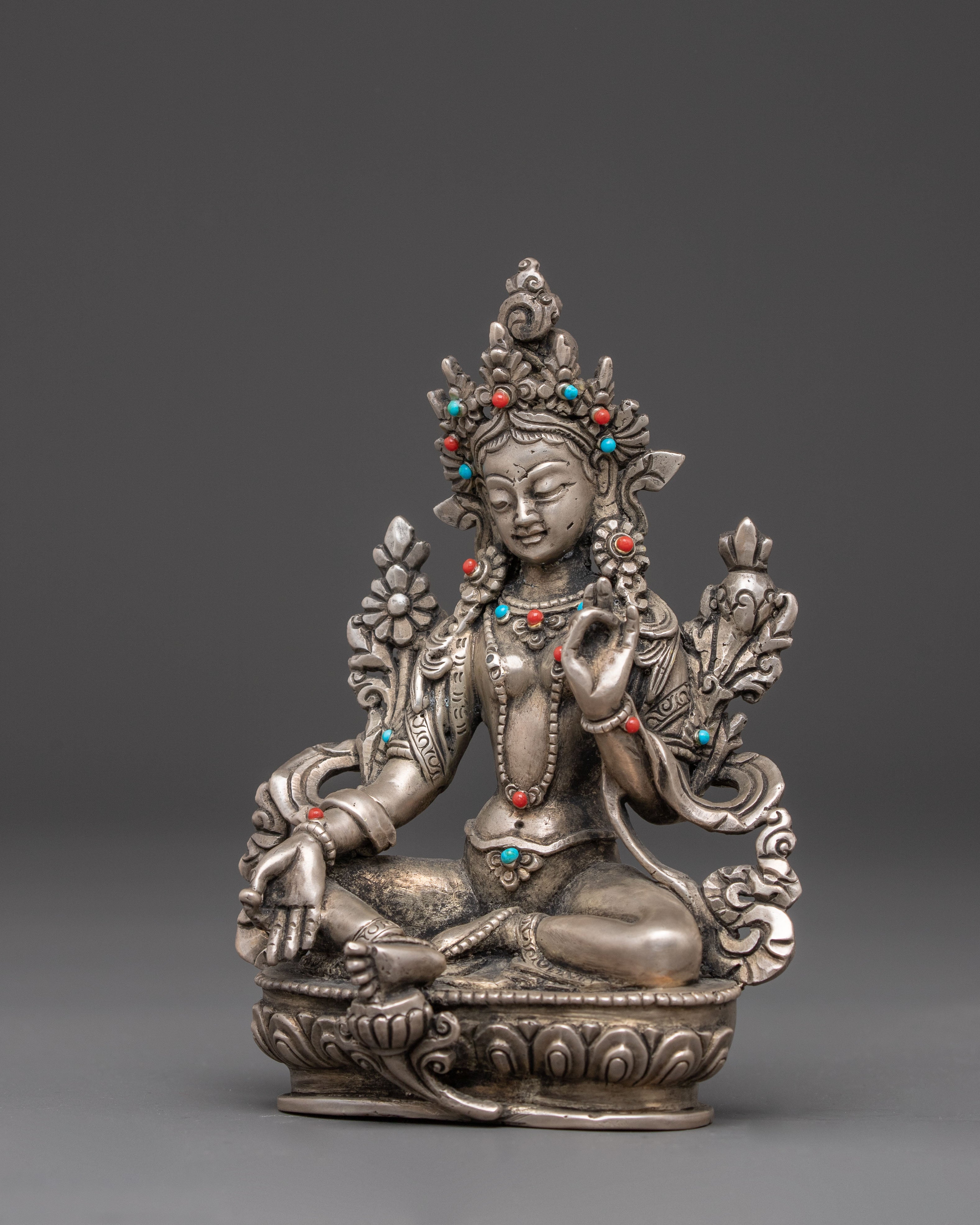 Handmade Silver Statue of Green Tara | Goddess of Compassion and Protection