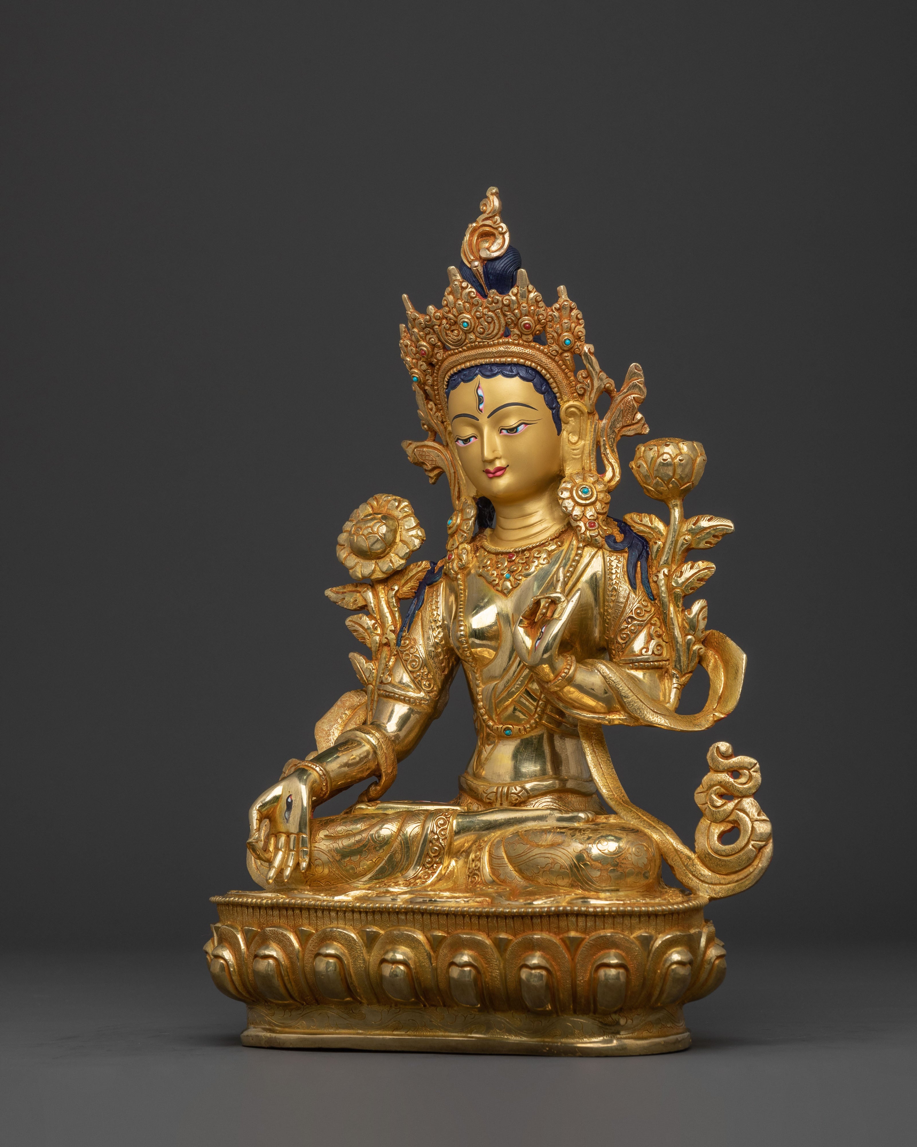 Handcrafted White Tara Golden Statue | Tibetan Deity