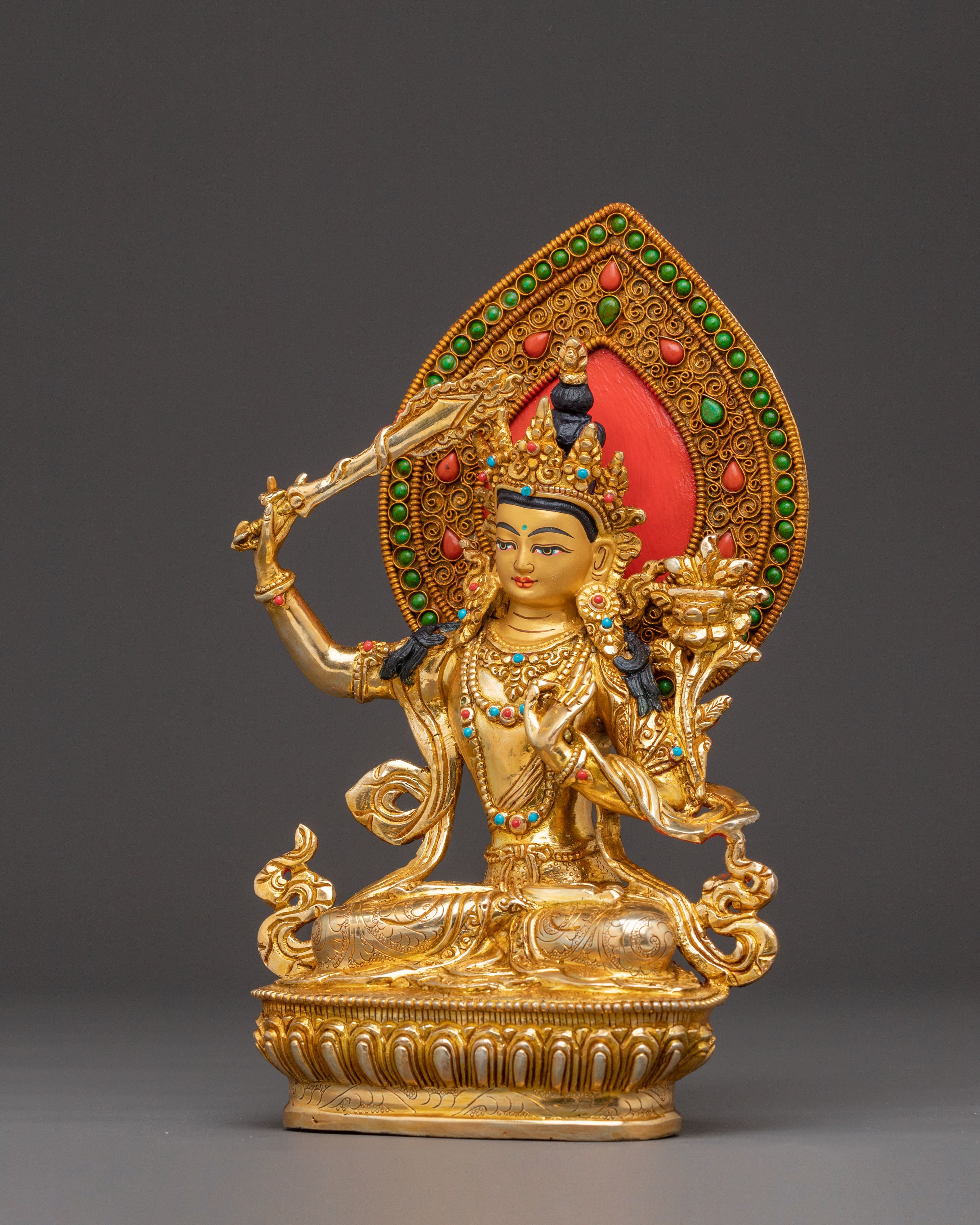 Tibetan Wisdom Deity Manjushri Statue – 24K Gold Gilded Copper Statue