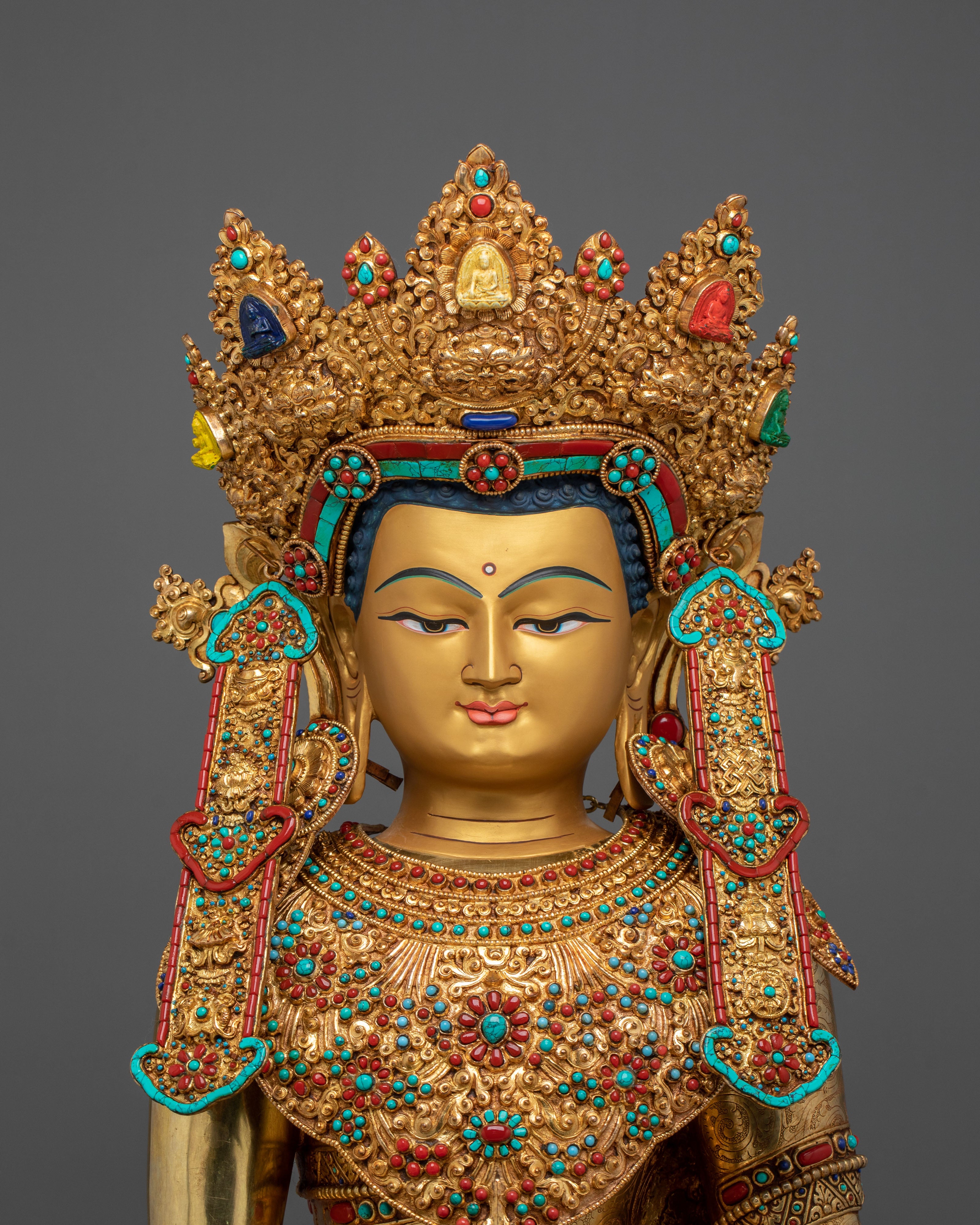 Crown Shakyamuni Buddha Sculpture | 24K Gold Gilded Artistry
