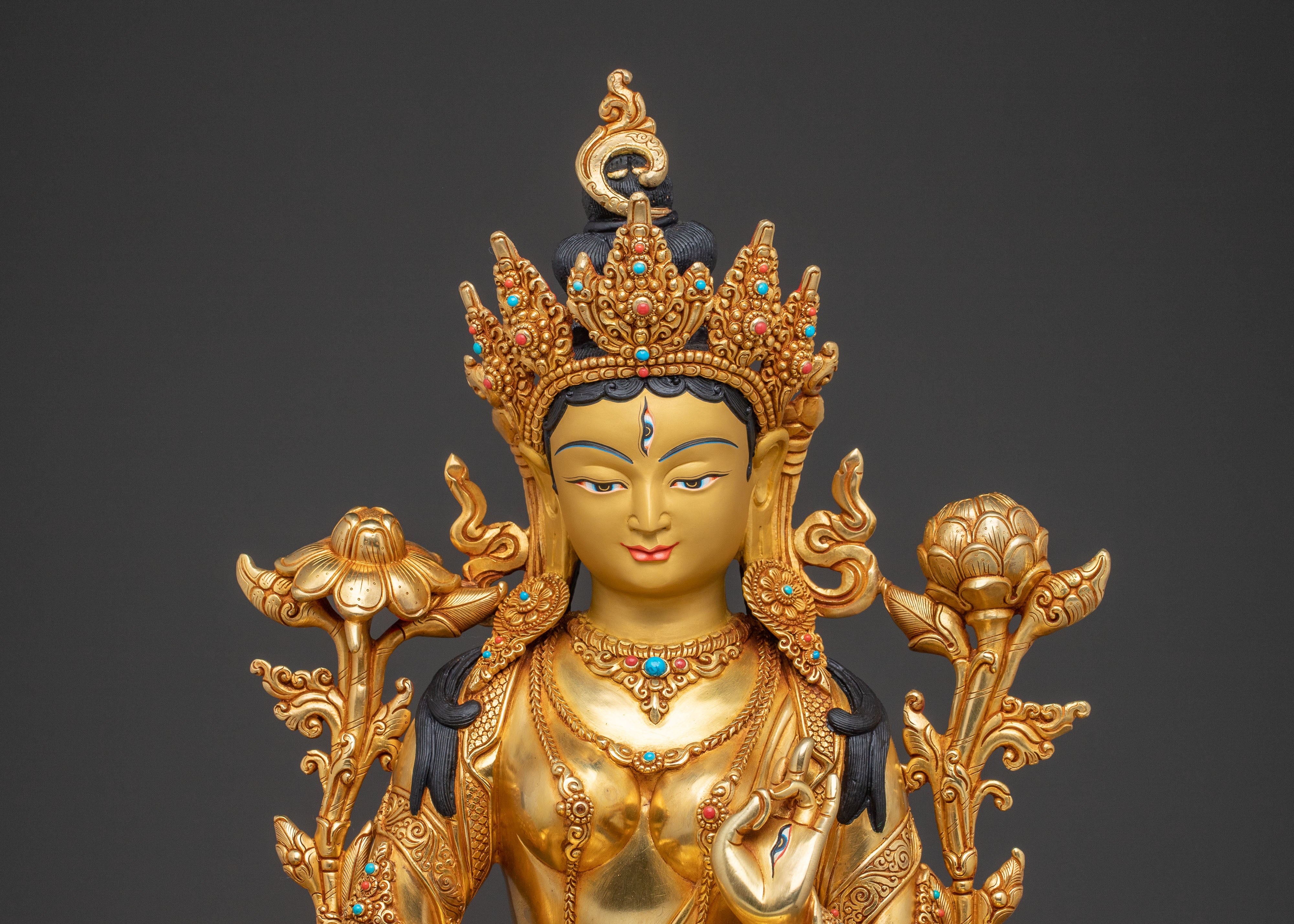 Nepalese White Tara Copper Statue | 24k Gold-Gilded Serenity