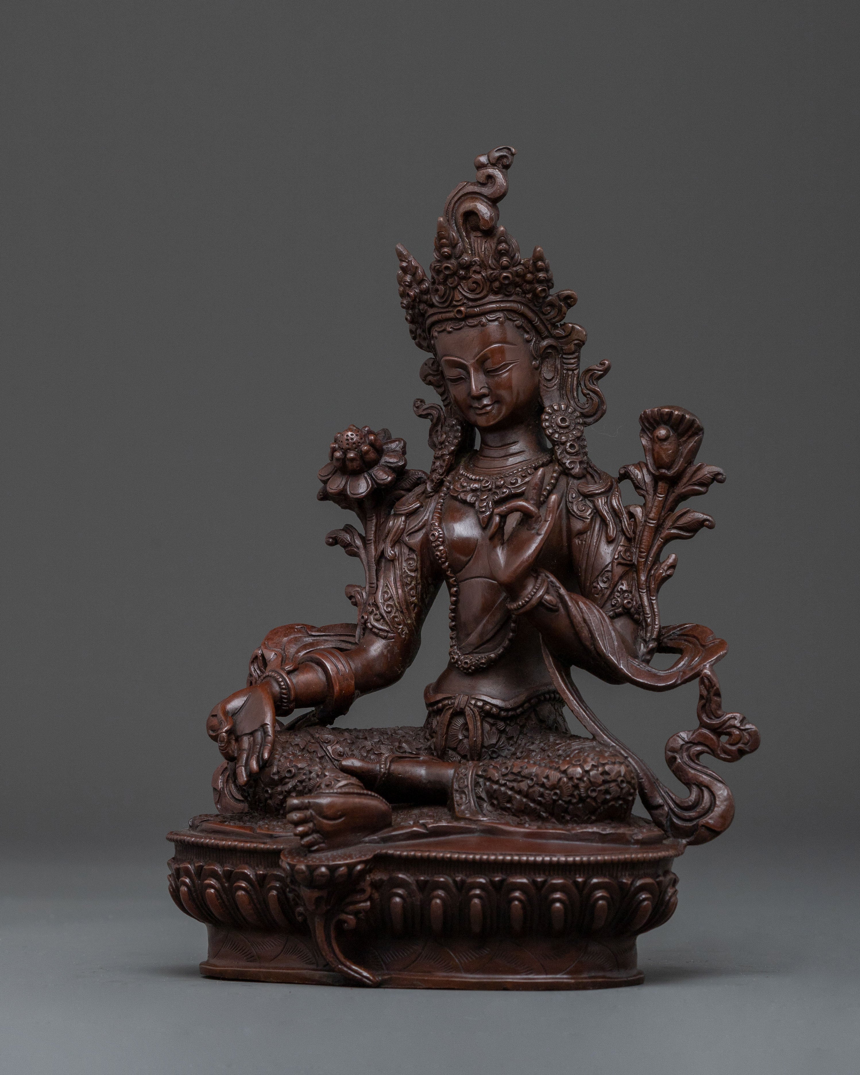 Green Tara Statue | Serene Oxidized Copper Figure