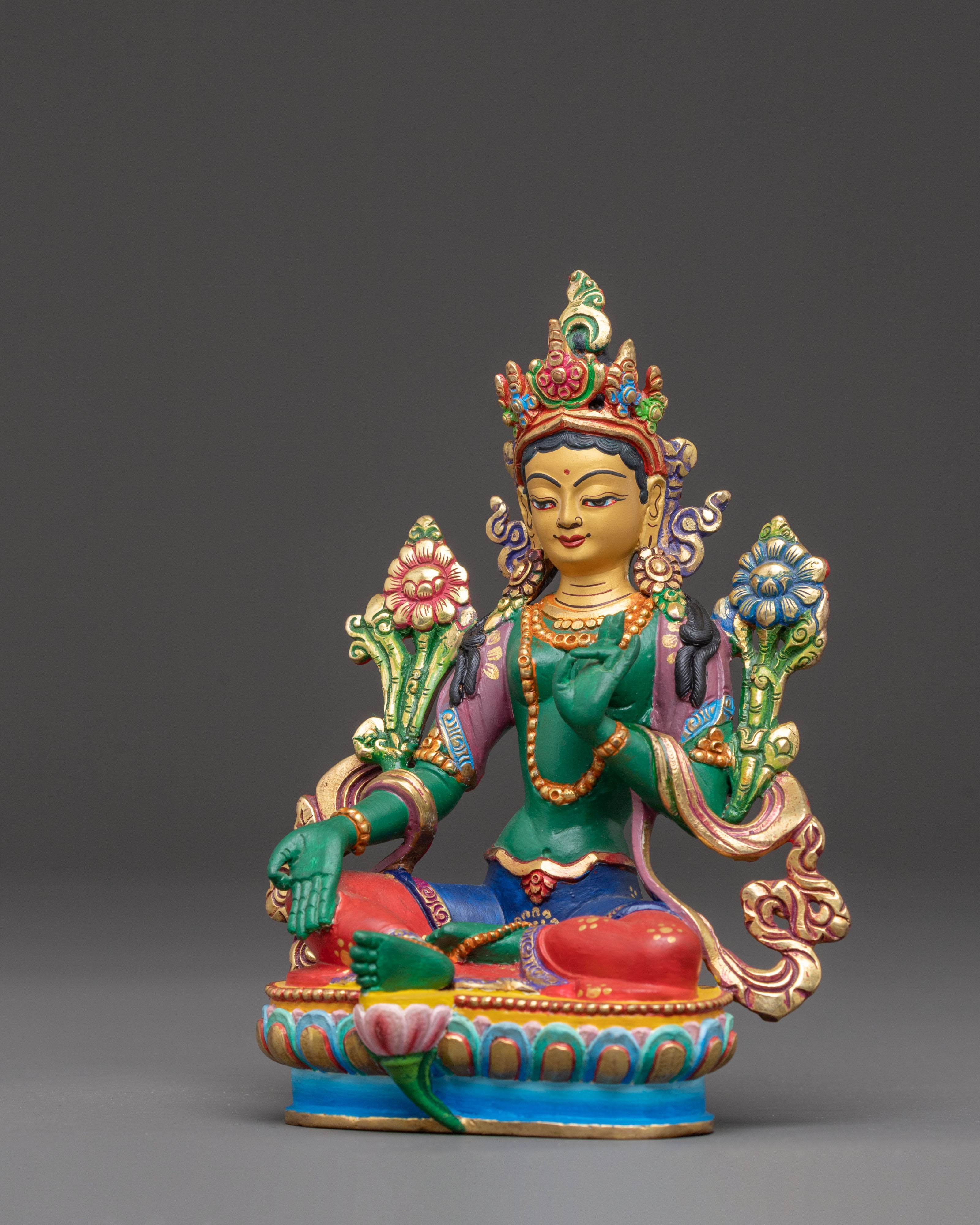 Handmade Green Tara Golden Sculpture | Female Bodhisattva of Compassion