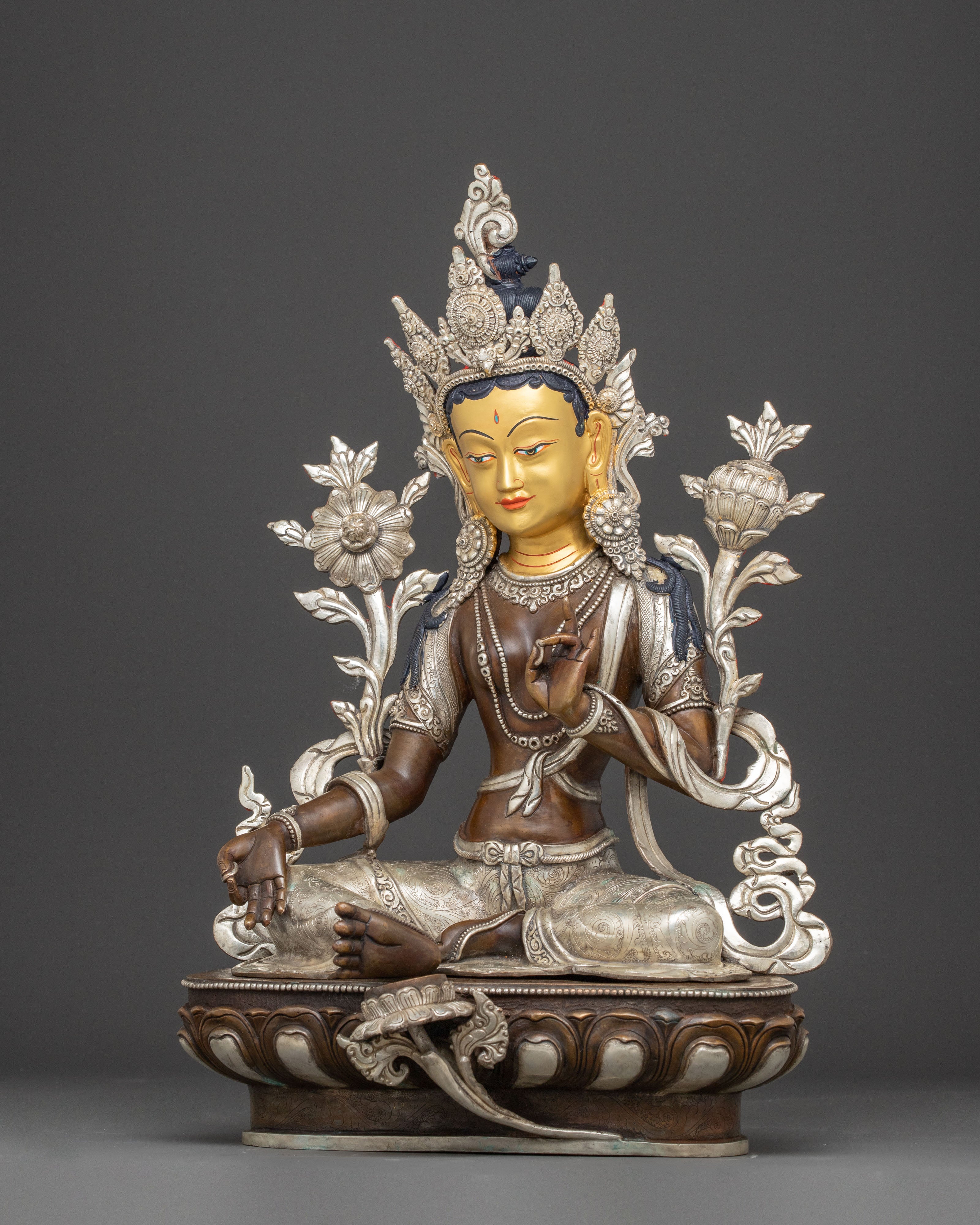 Silver-Plated Shyama Tara Copper Statue | Radiant Compassion