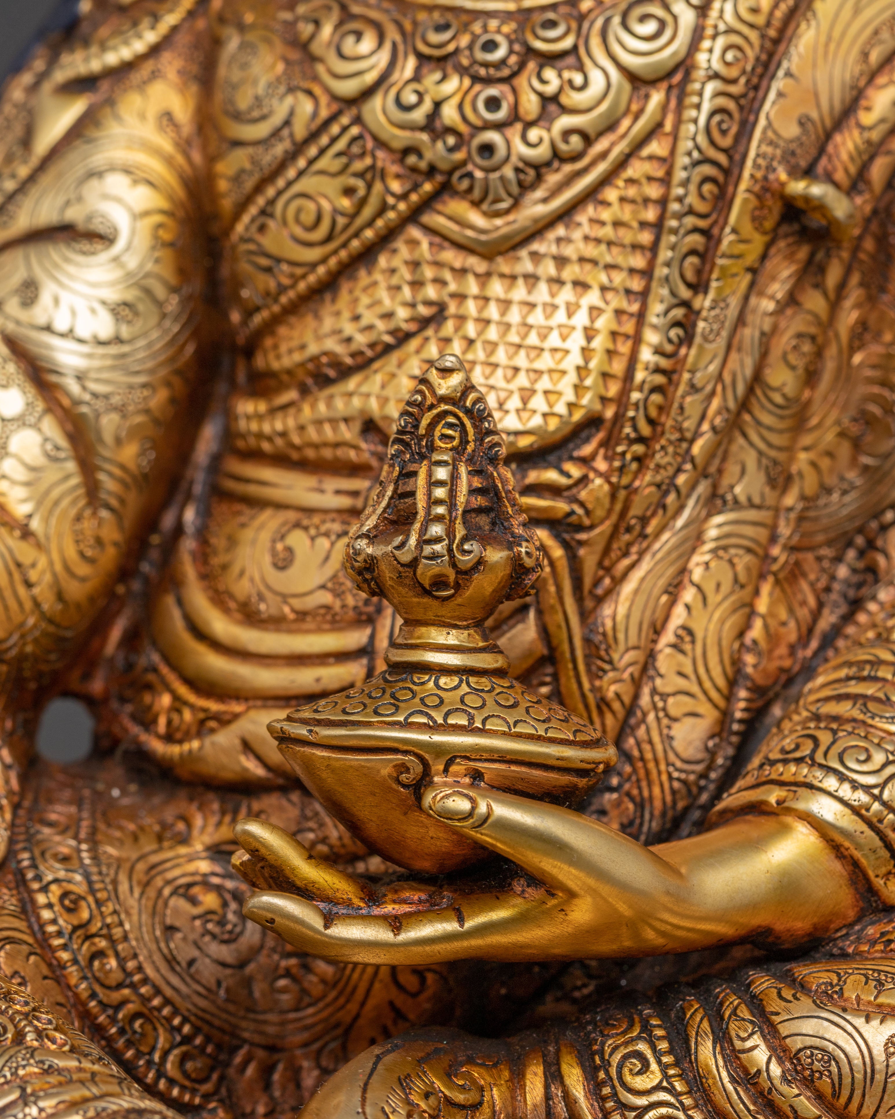 Tibetan Guru Rinpoche Buddhist Statue: 24K Gold Gilded Masterpiece