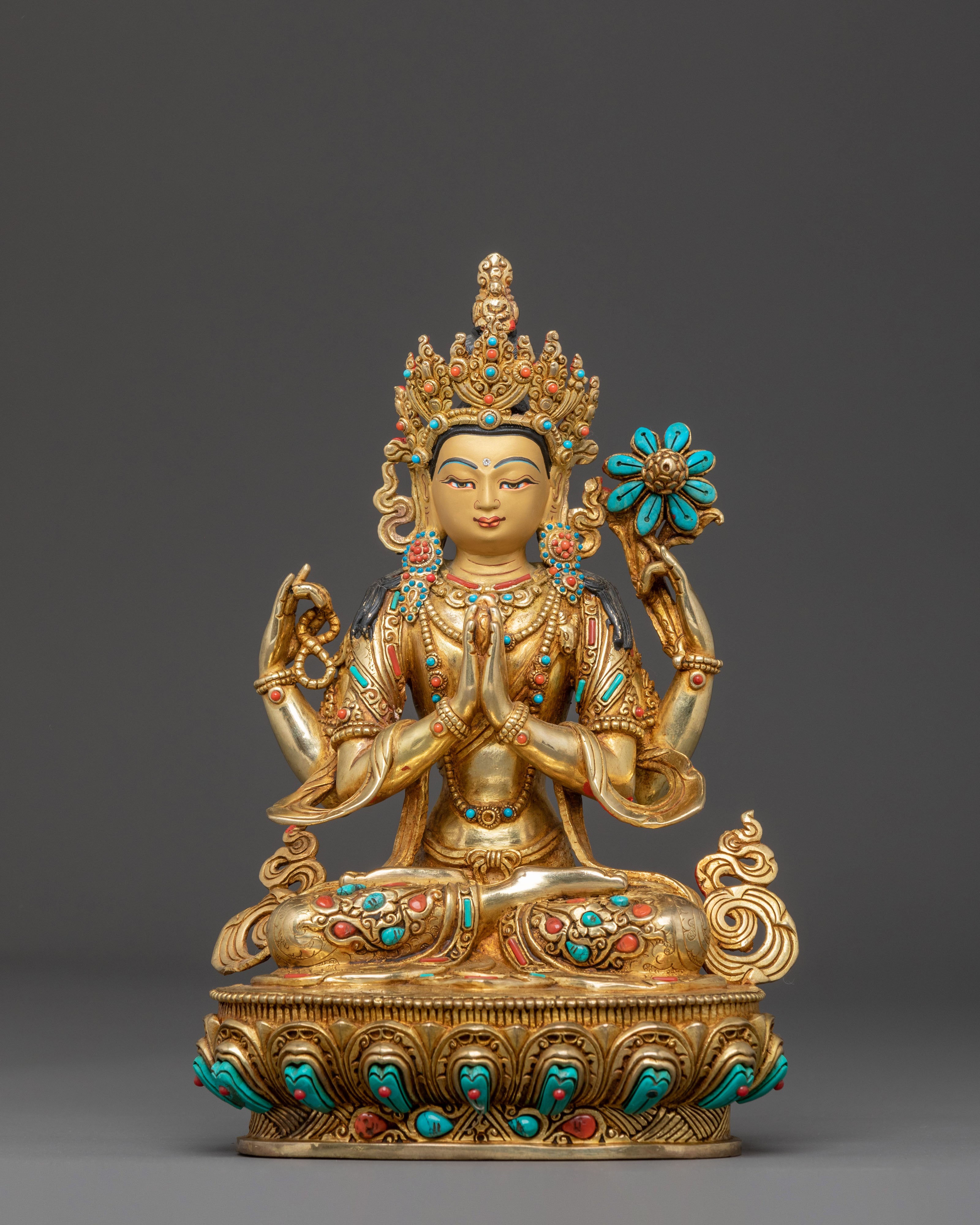 Handcrafted 24K Gold Gilded Chenrezig Statue | Sacred Nepalese Art