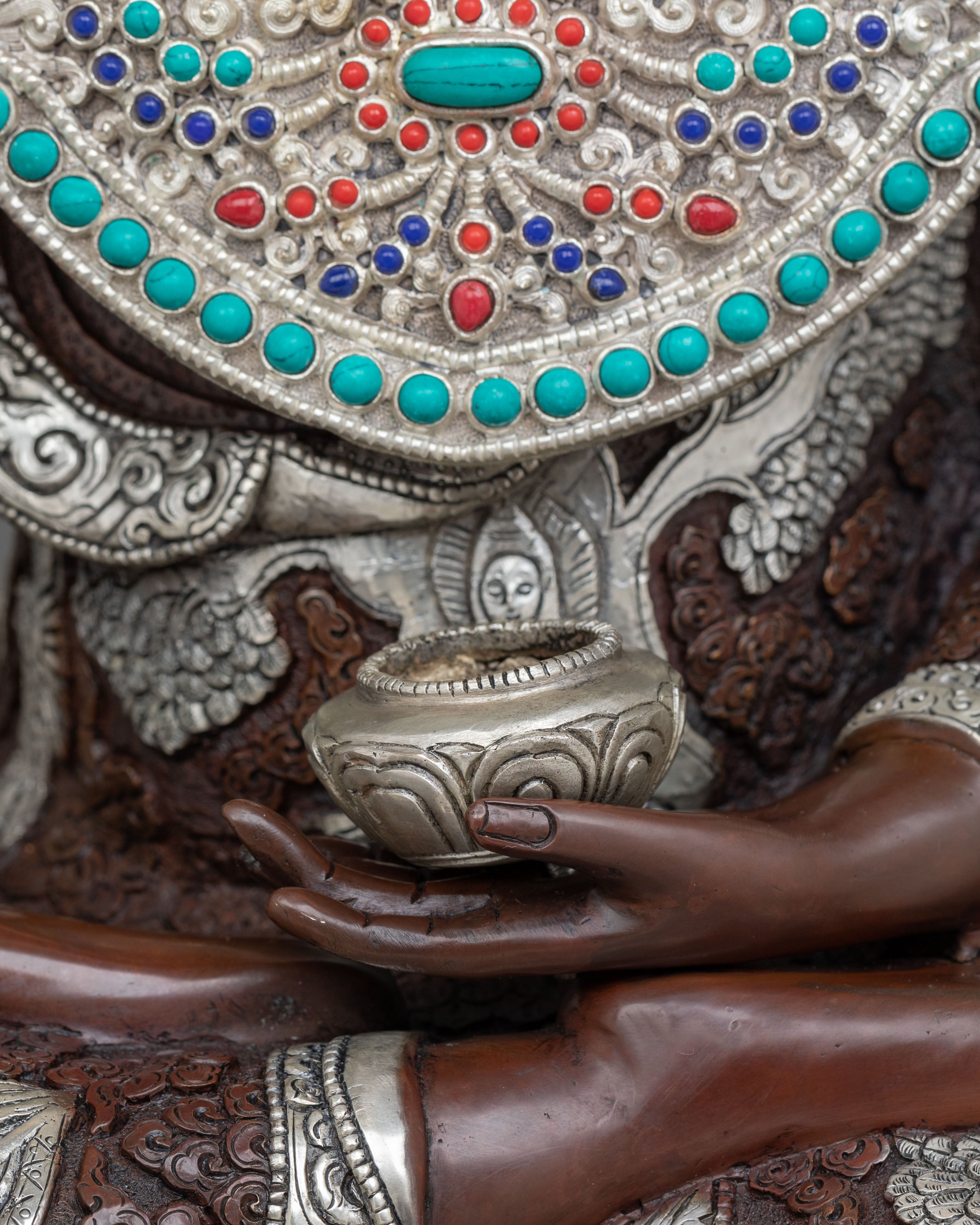 Crown Shakyamuni Buddha Oxidized Sculpture | Silver Plated
