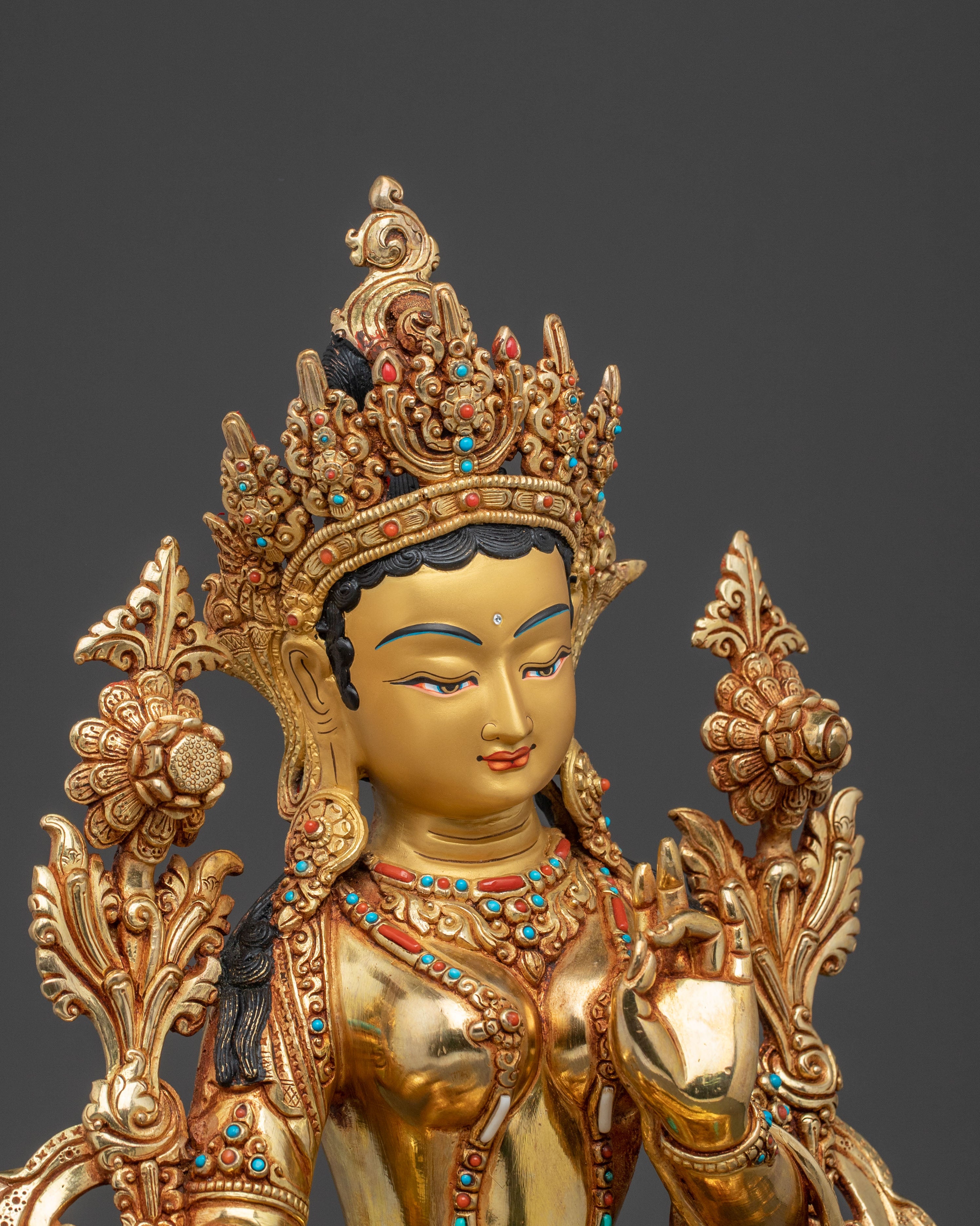 Handcrafted Green Tara Spiritual Statue | Exquisite 24K Gold Gilded
