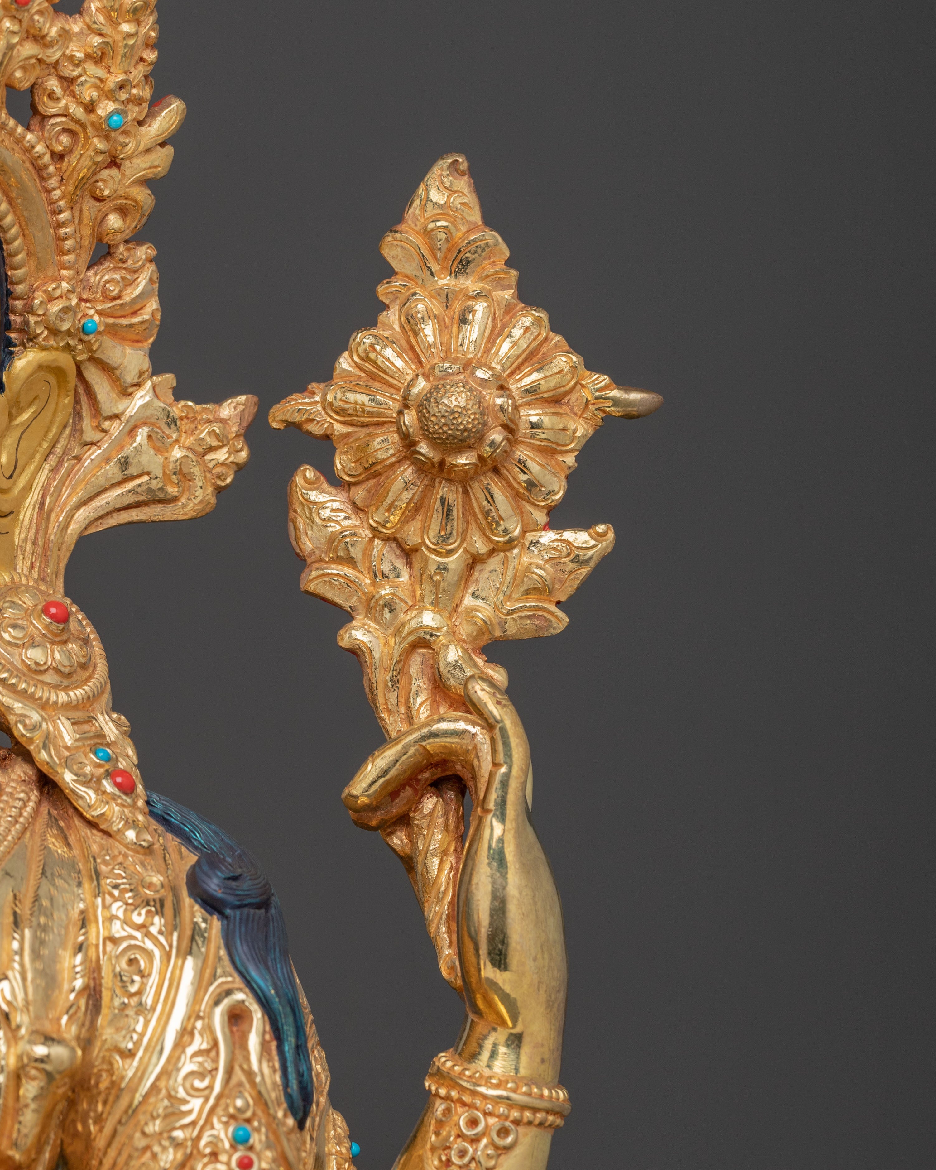 Chenrezig Mercy Bodhisattva Statue – Gilded Copper & Gemstone Art