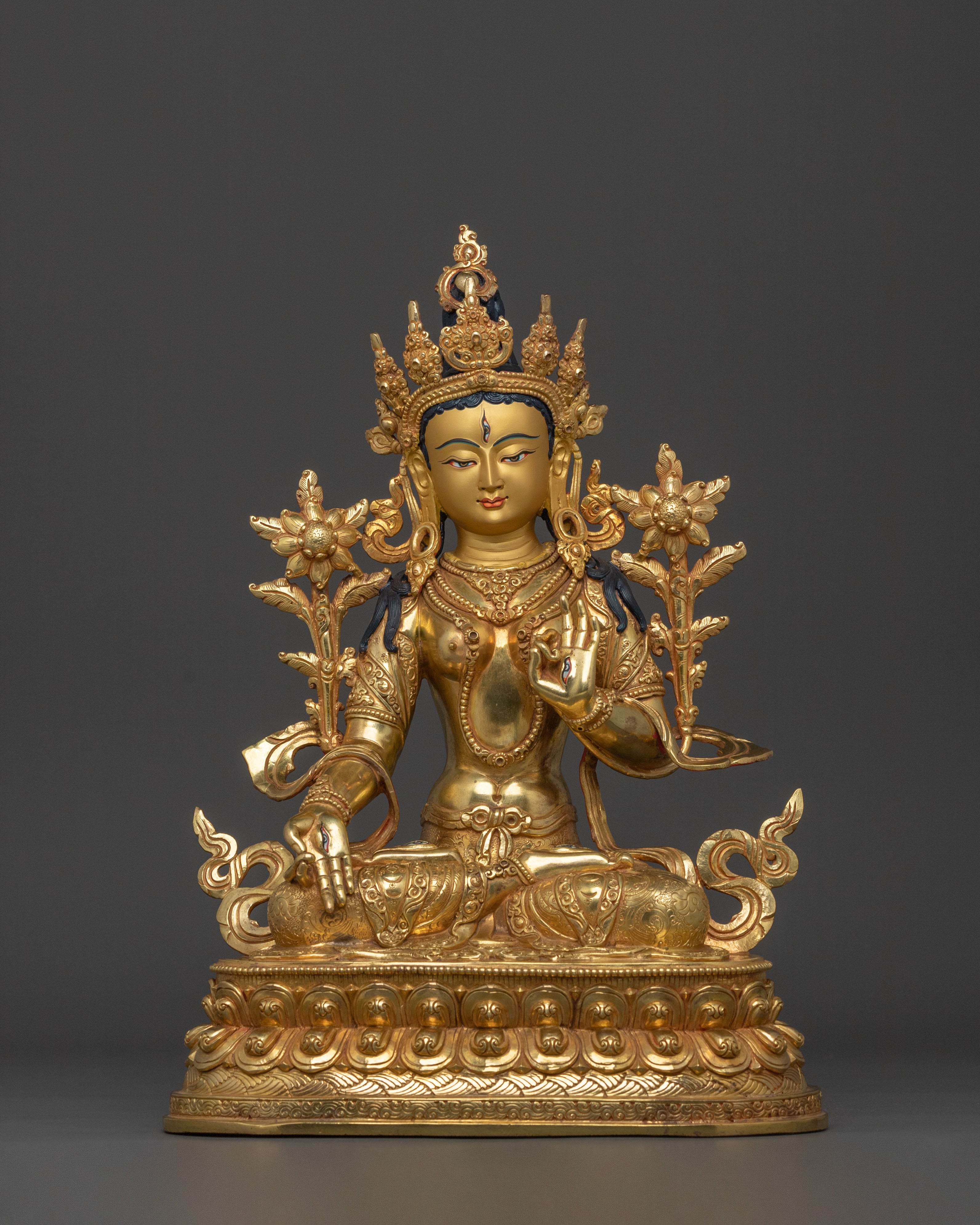 A Radiant Handmade Namgyalma Statue Set | 24K Gold Glided