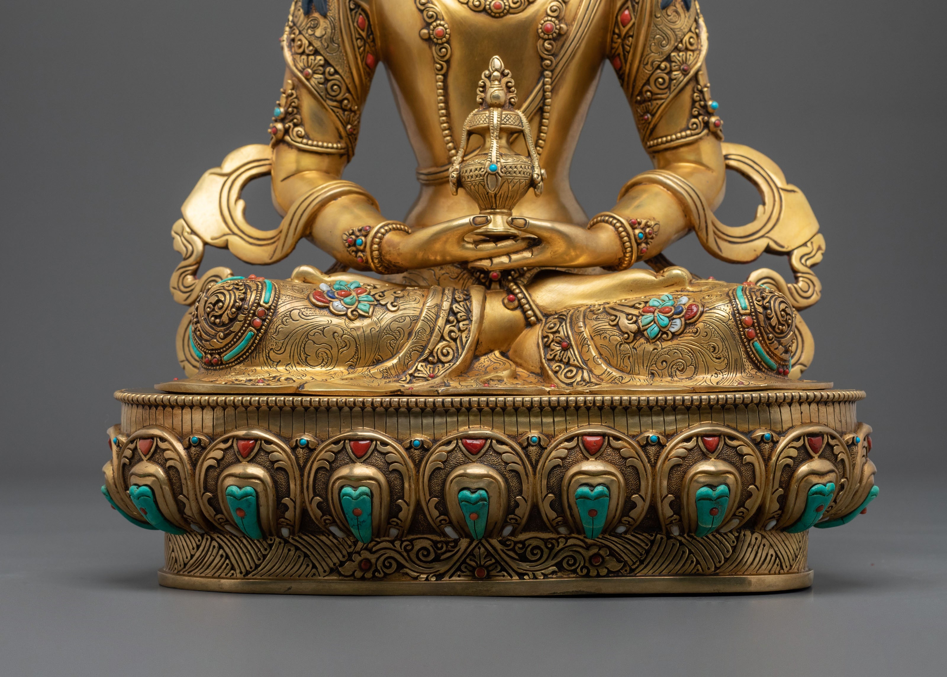 24K Gold Gilded Copper Amitayus Statue with Gemstones | Buddha of Infinite Life