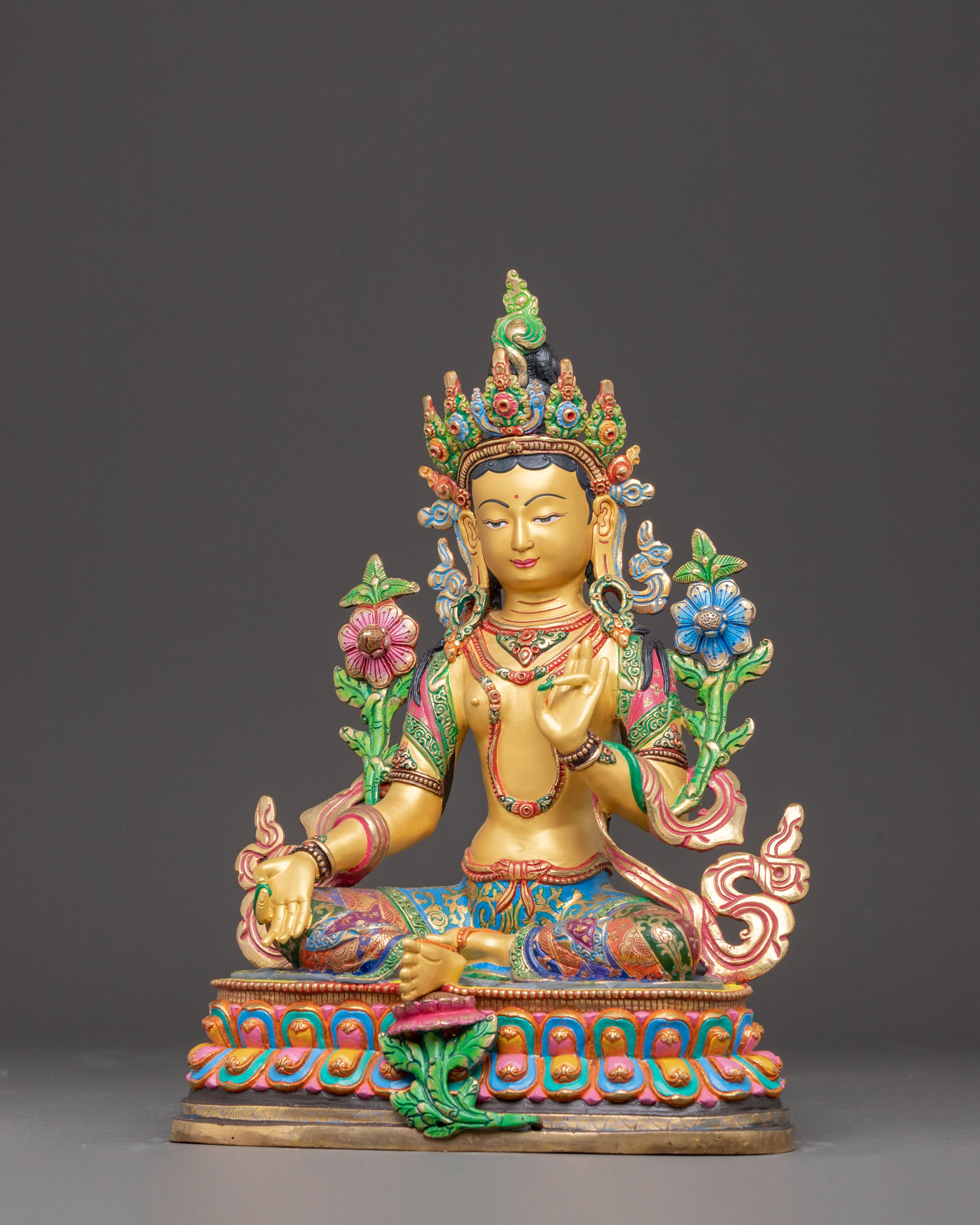 Vibrant Mother Green Tara Statue | 24K Gold Gilded Sculpture