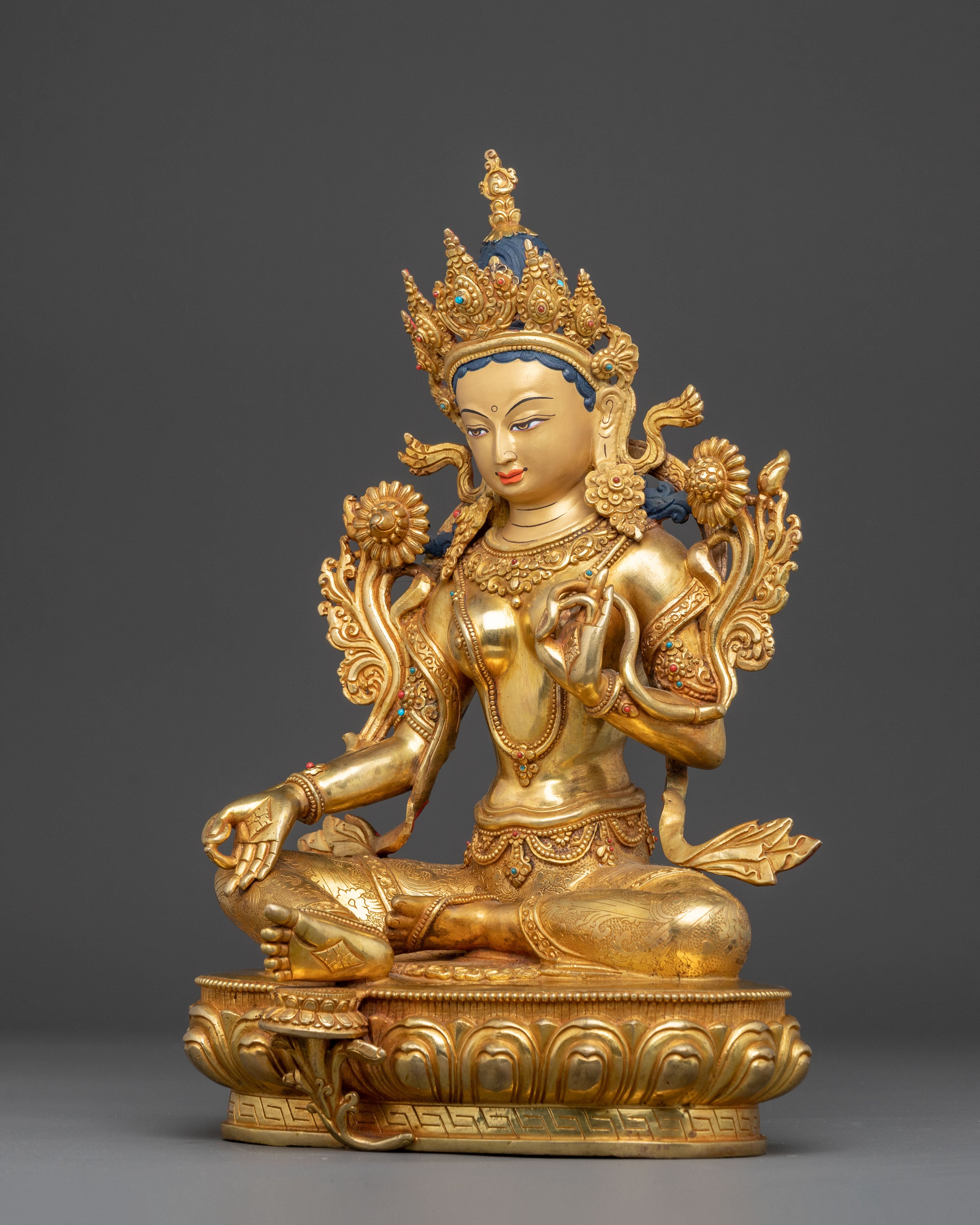 Mother Green Tara Golden Sculpture | Traditional Nepali Handmade Statue