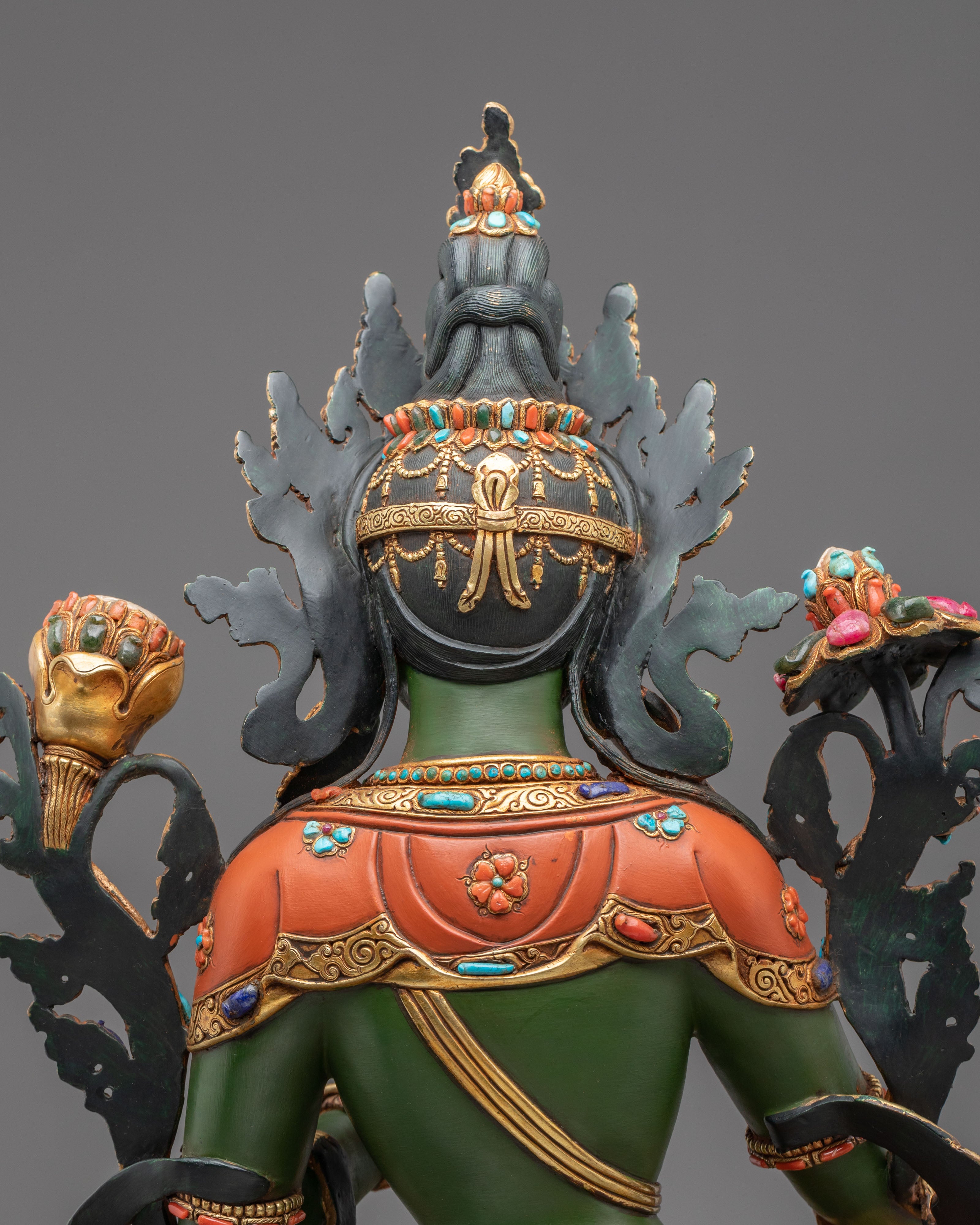 Green Tara Sculpture | Handmade Statue Adorned with Gemstones
