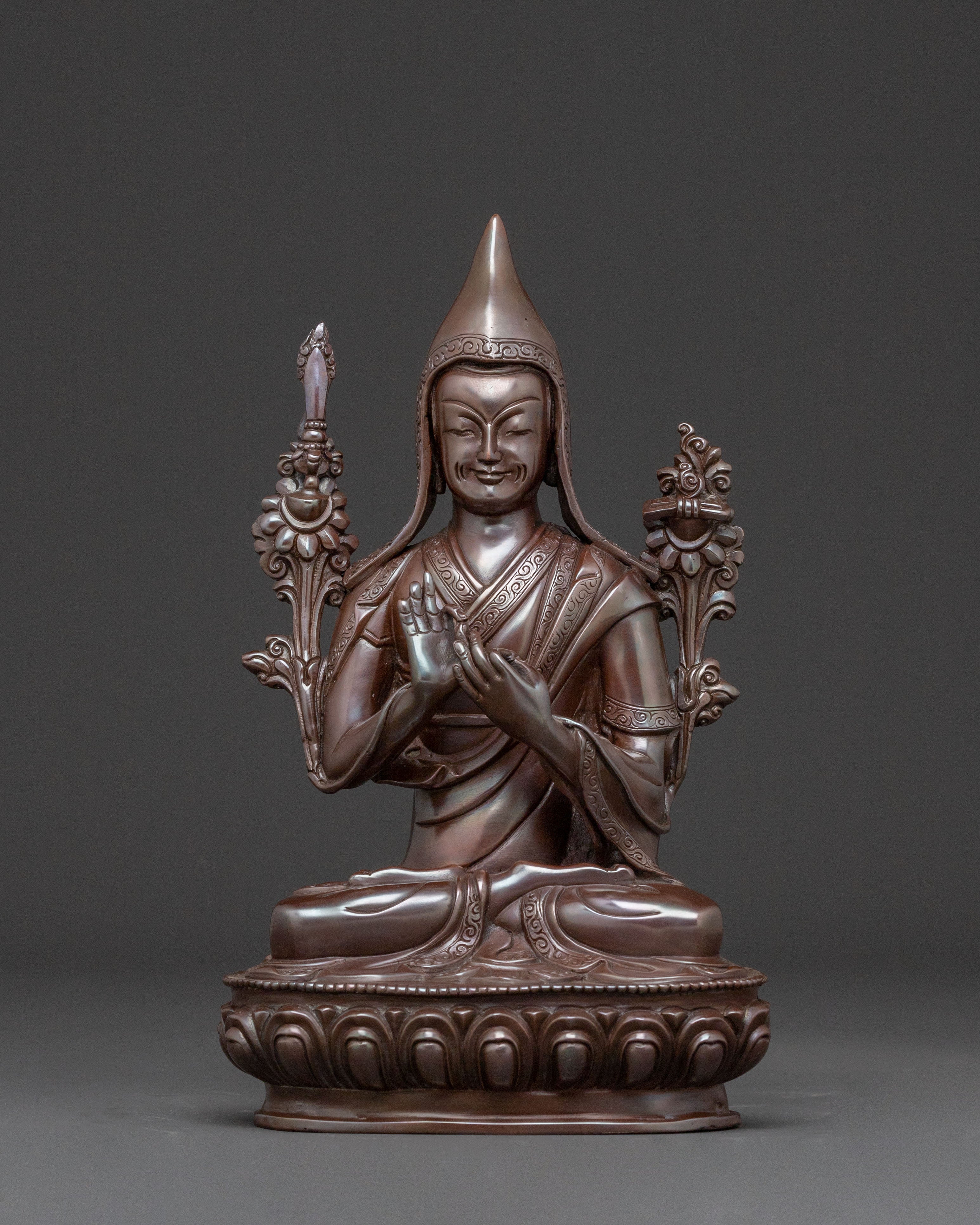Tsongkhapa Copper Statue with Disciples: Oxidized Finish