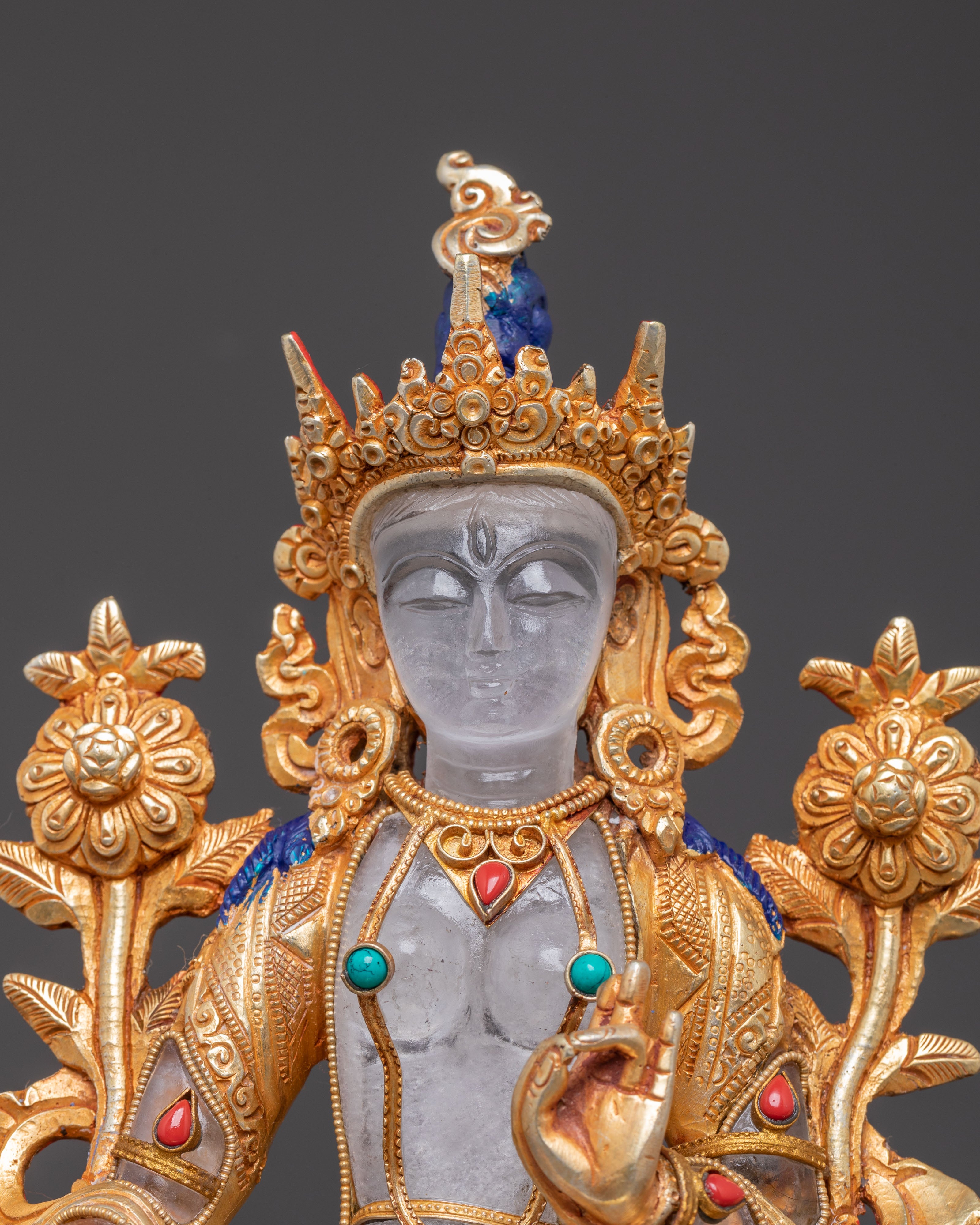A Radiant Buddhist Shyama Tara Golden Statue with Crystal Body