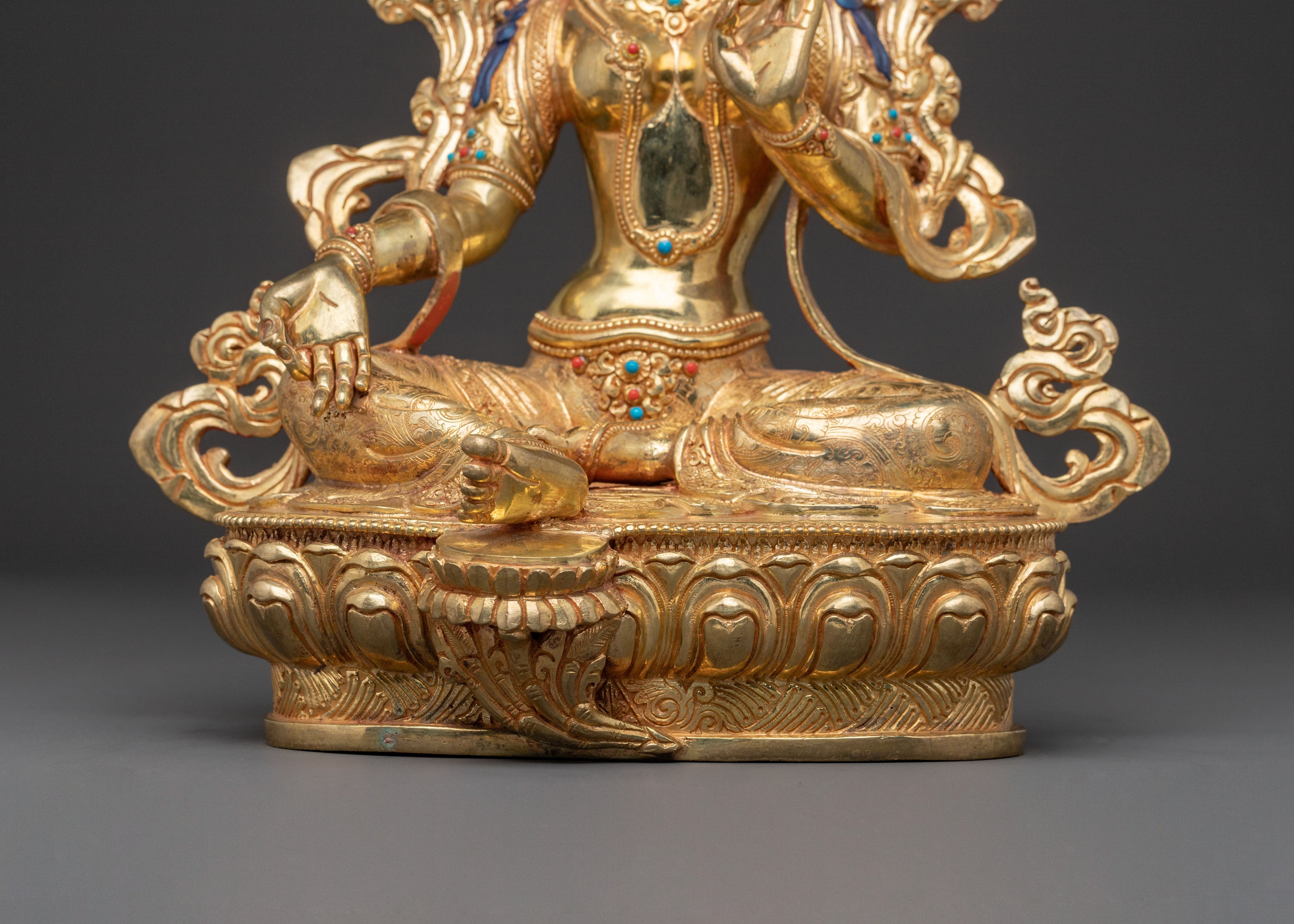 Green Tara Statue: Radiant 24K Gold Gilded Sculpture