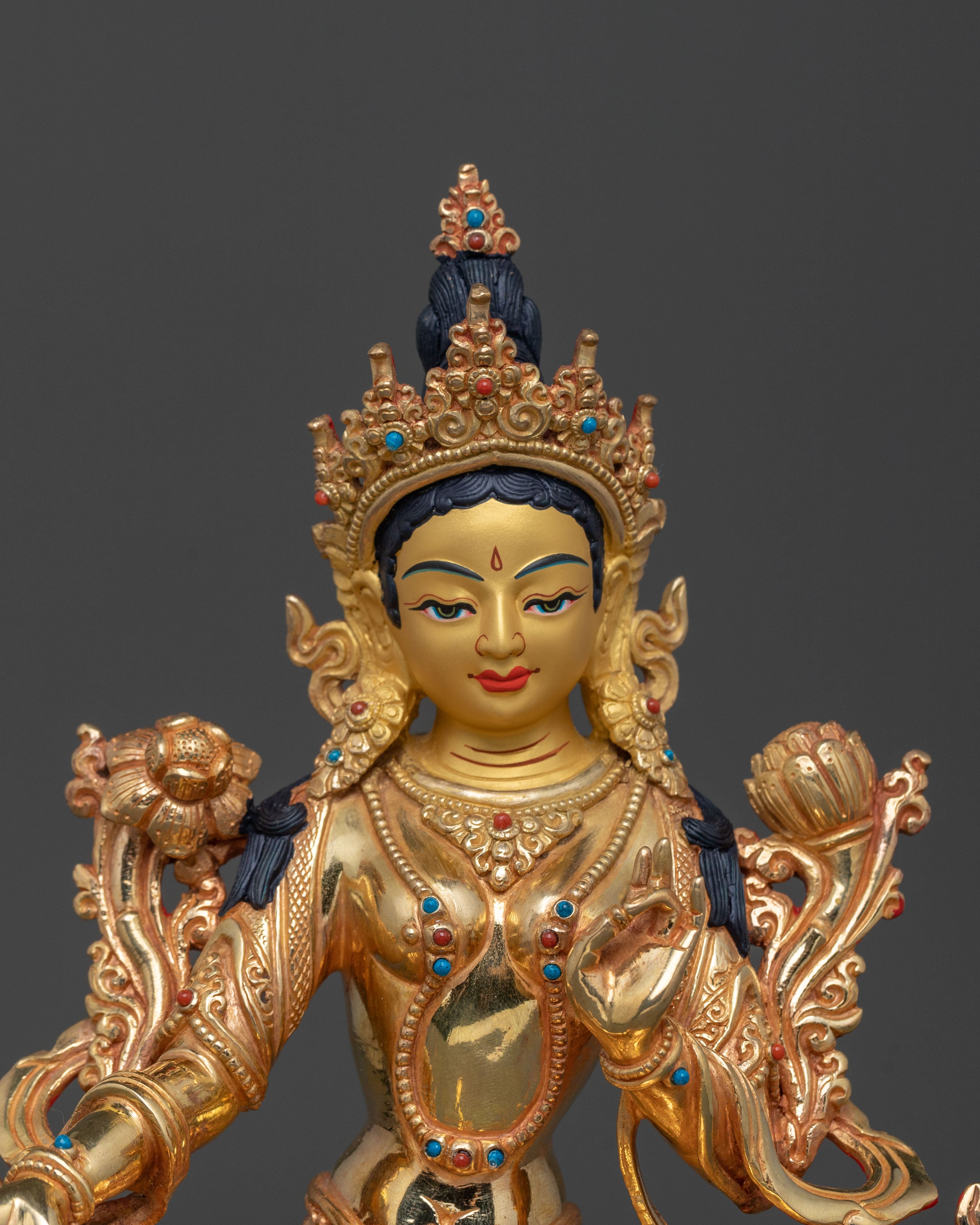 Green Tara Spiritual Altar Decor Statue in Radiant 24K Gold