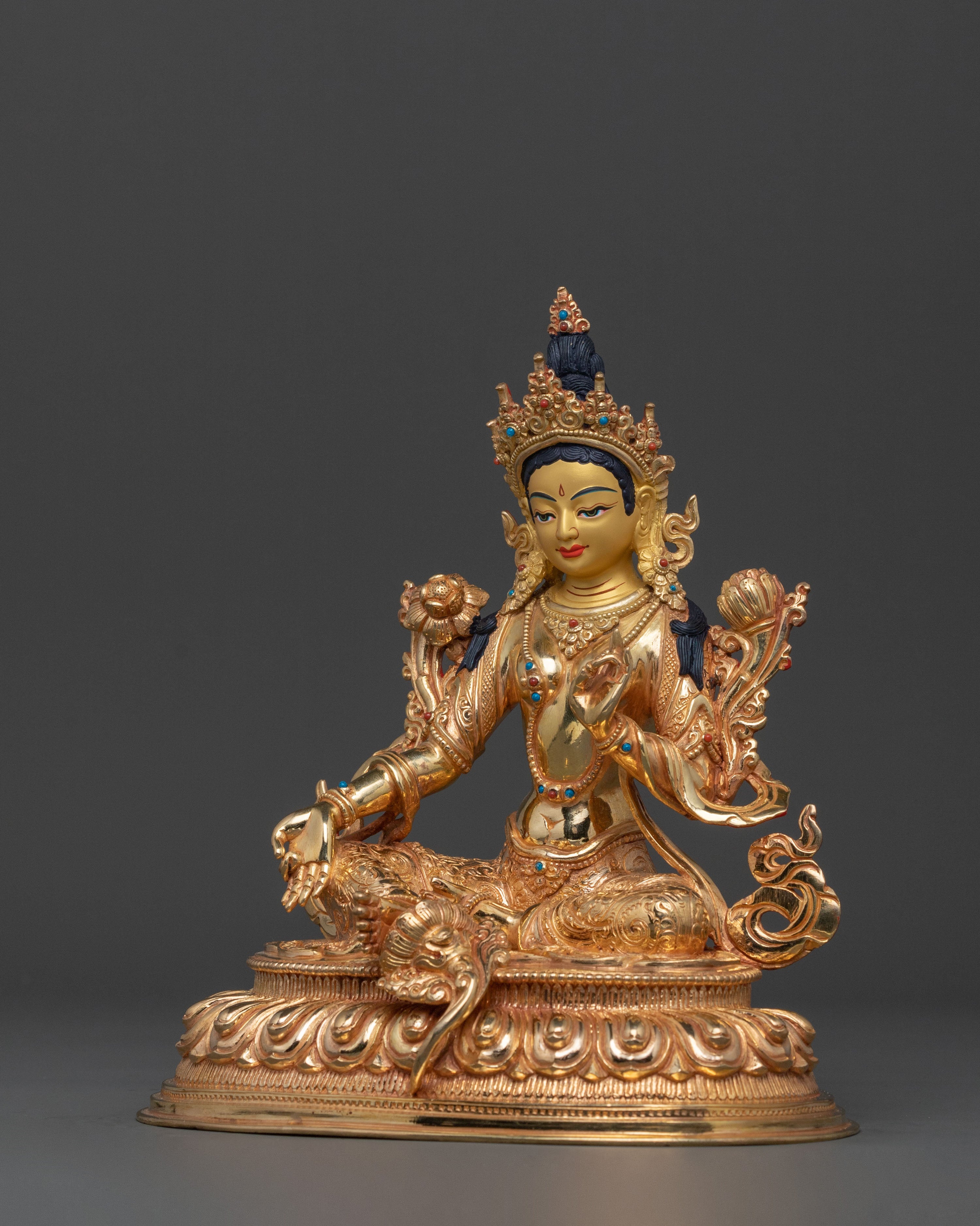 Green Tara Spiritual Altar Decor Statue in Radiant 24K Gold