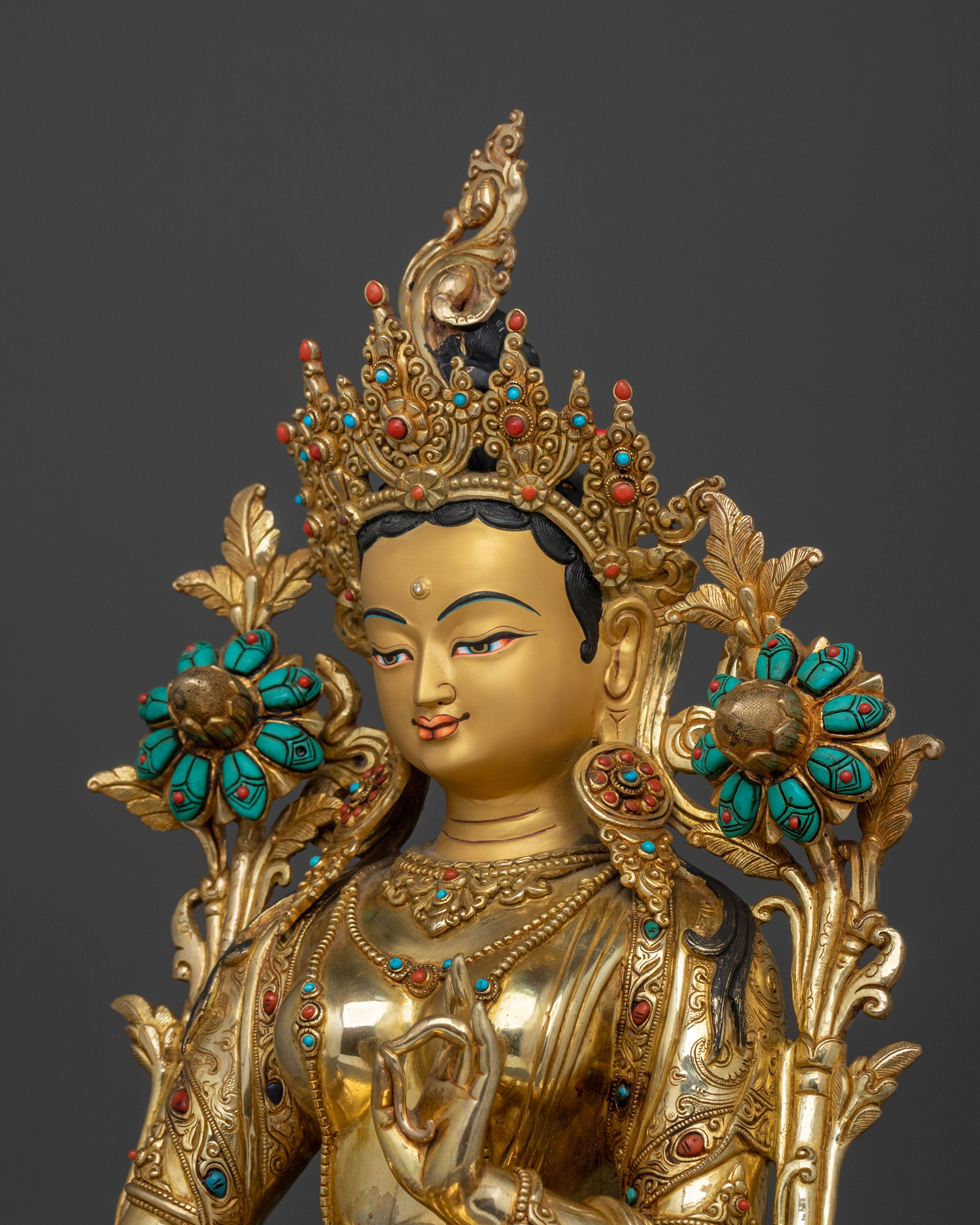 Green Tara Hand Carved Sacred Statue with 24K Gold Glided