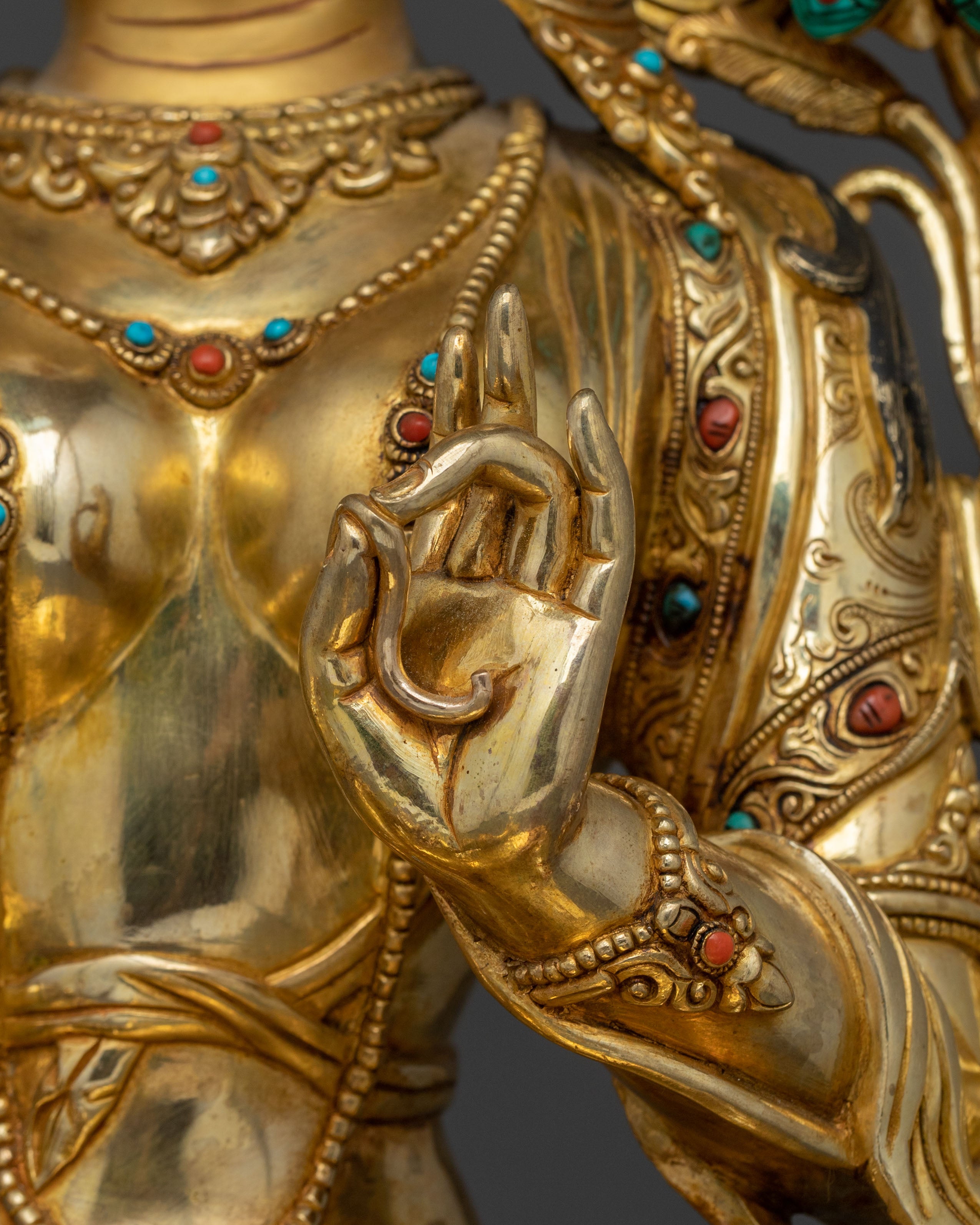 Green Tara Hand Carved Sacred Statue with 24K Gold Glided