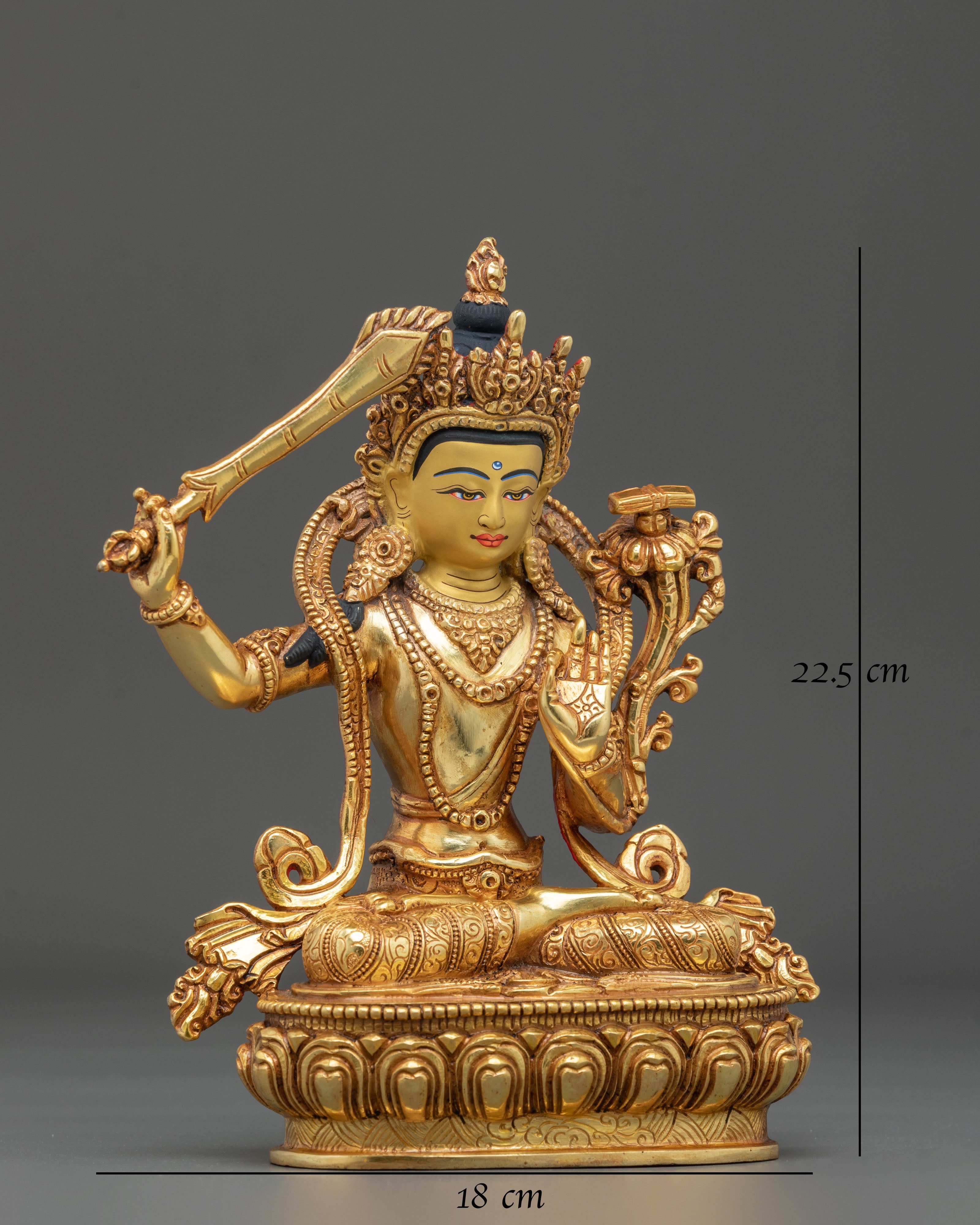 Manjushri Wielder of Wisdom Sword Statue in 24K Gold